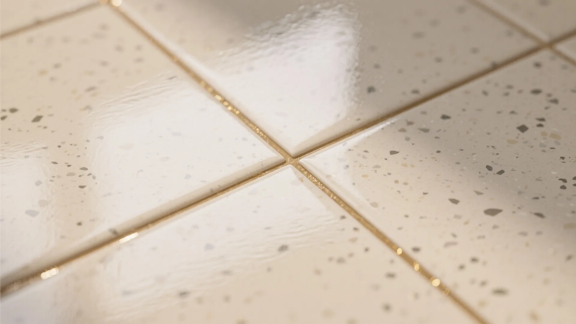Close up view of glossy cream floor tiles with small grey speckles and clean grout