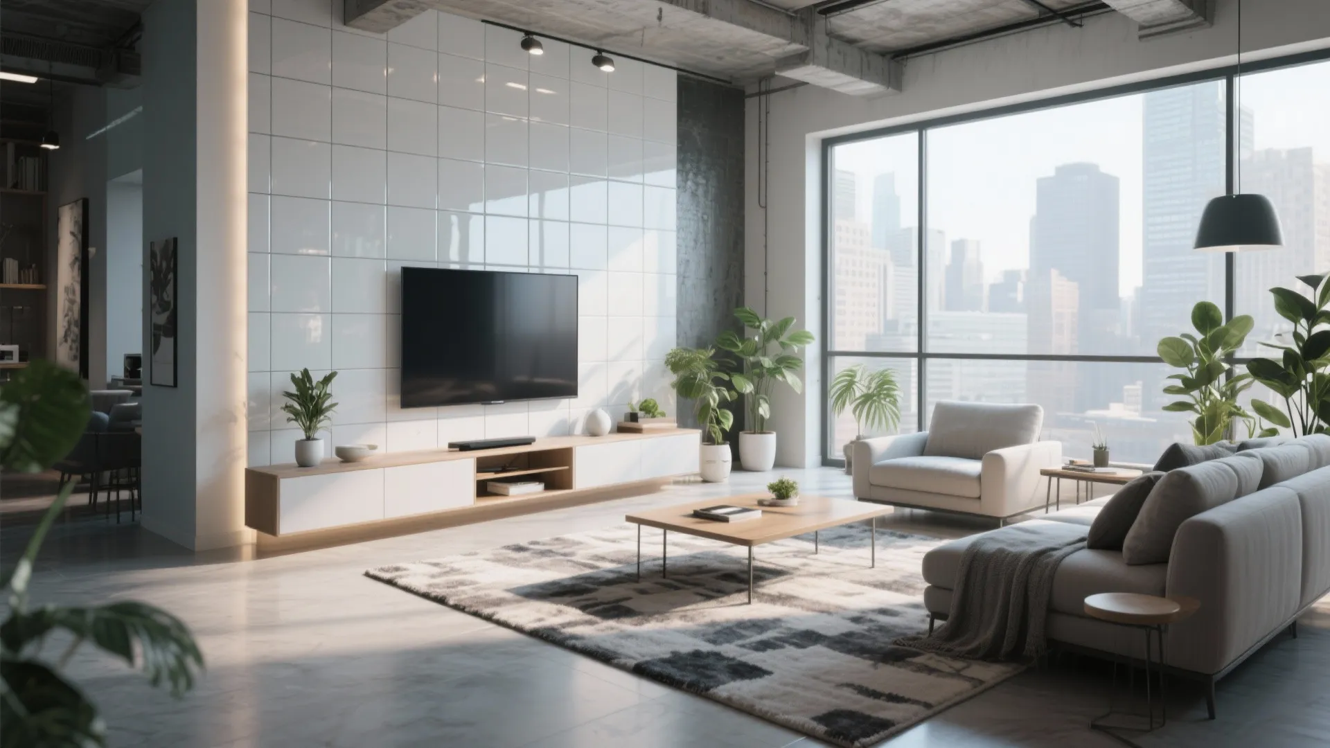 Industrial living room featuring white tile wall television cabinet grey sofa and large city windows