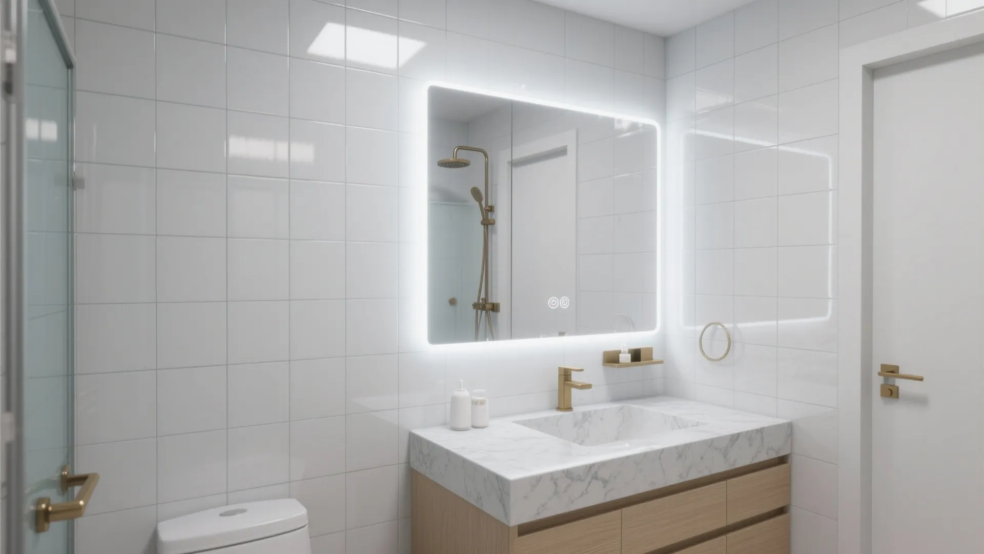 Small bathroom with high-gloss ceramic walls and cool LED mirror lighting for instant brightness.