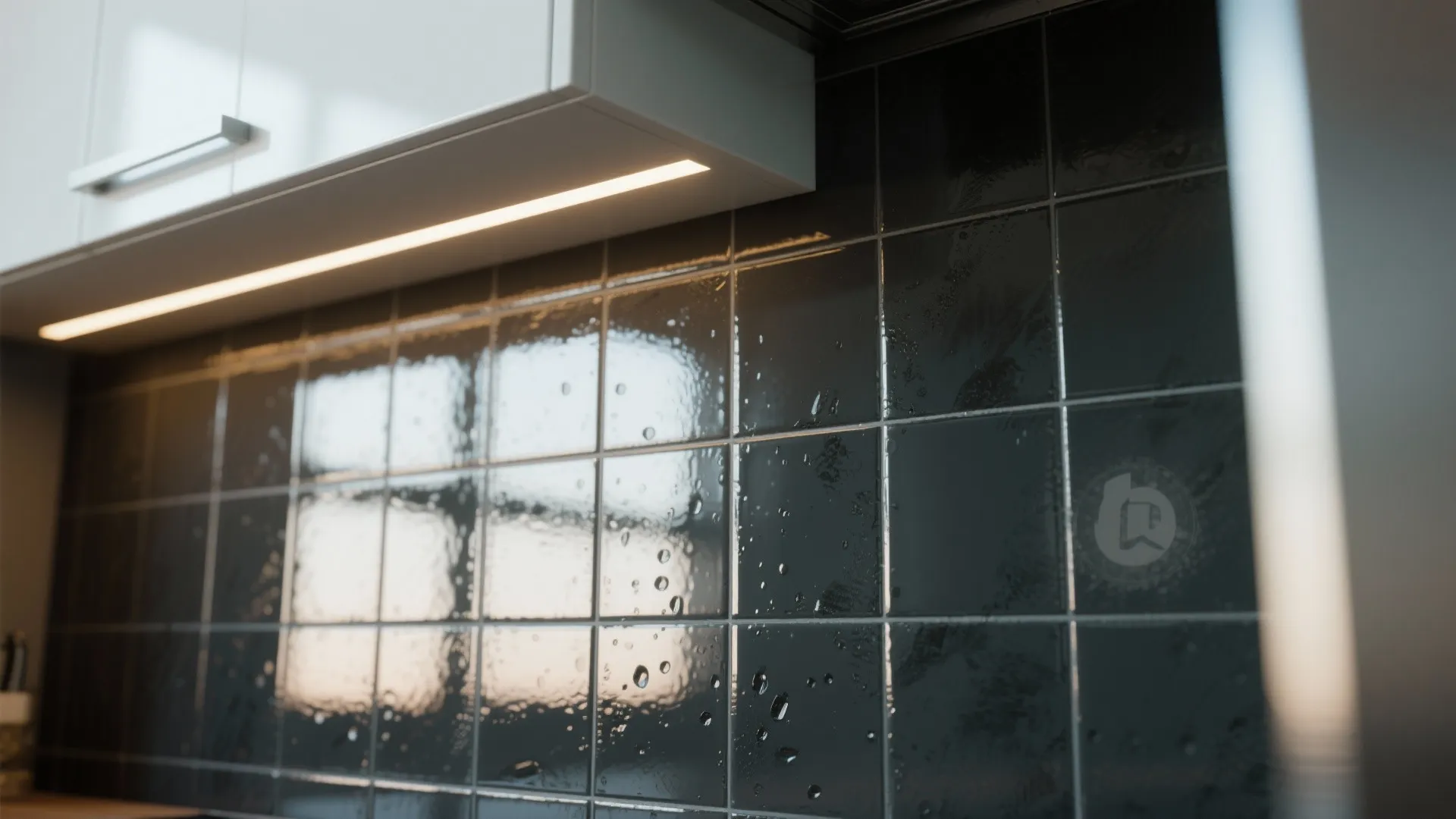 Glossy charcoal tiles reflecting warm light with white cabinet contrast.