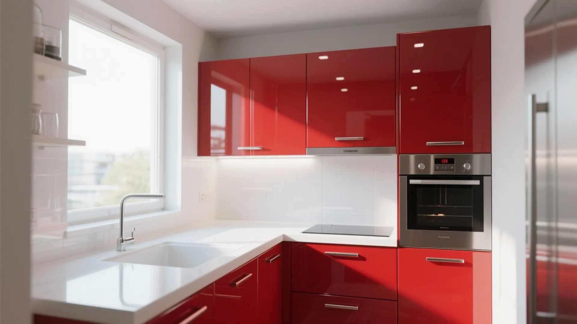 Bright kitchen with glossy red cabinets white countertops sink window oven and clean modern wall design
