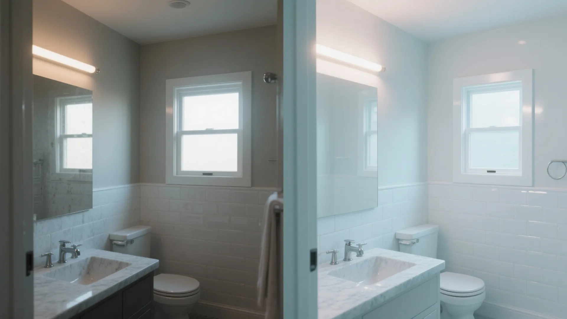 Side by side comparison of a dark bathroom remodel versus a bright white bathroom design