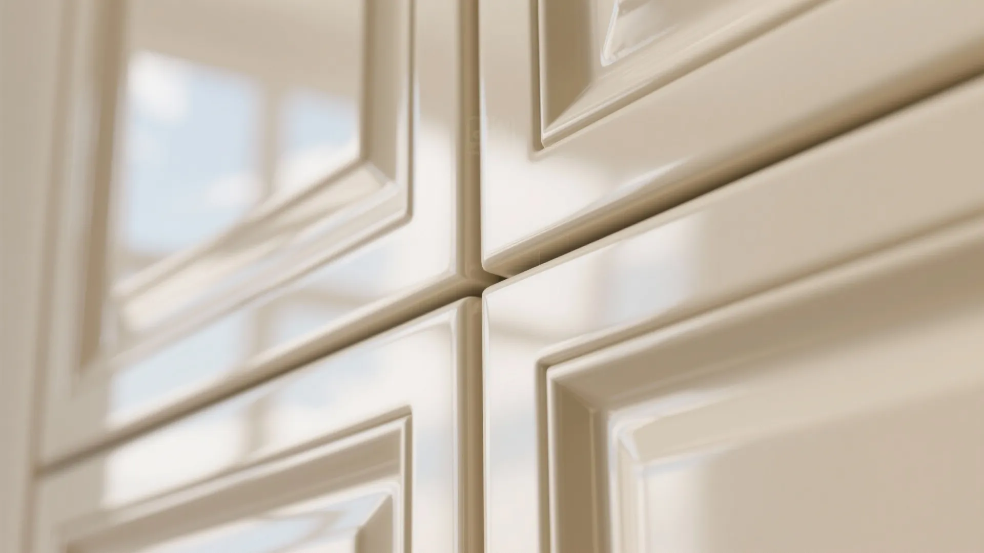 Close-up of glossy cream lacquer cabinet reflecting skylight in a powder room