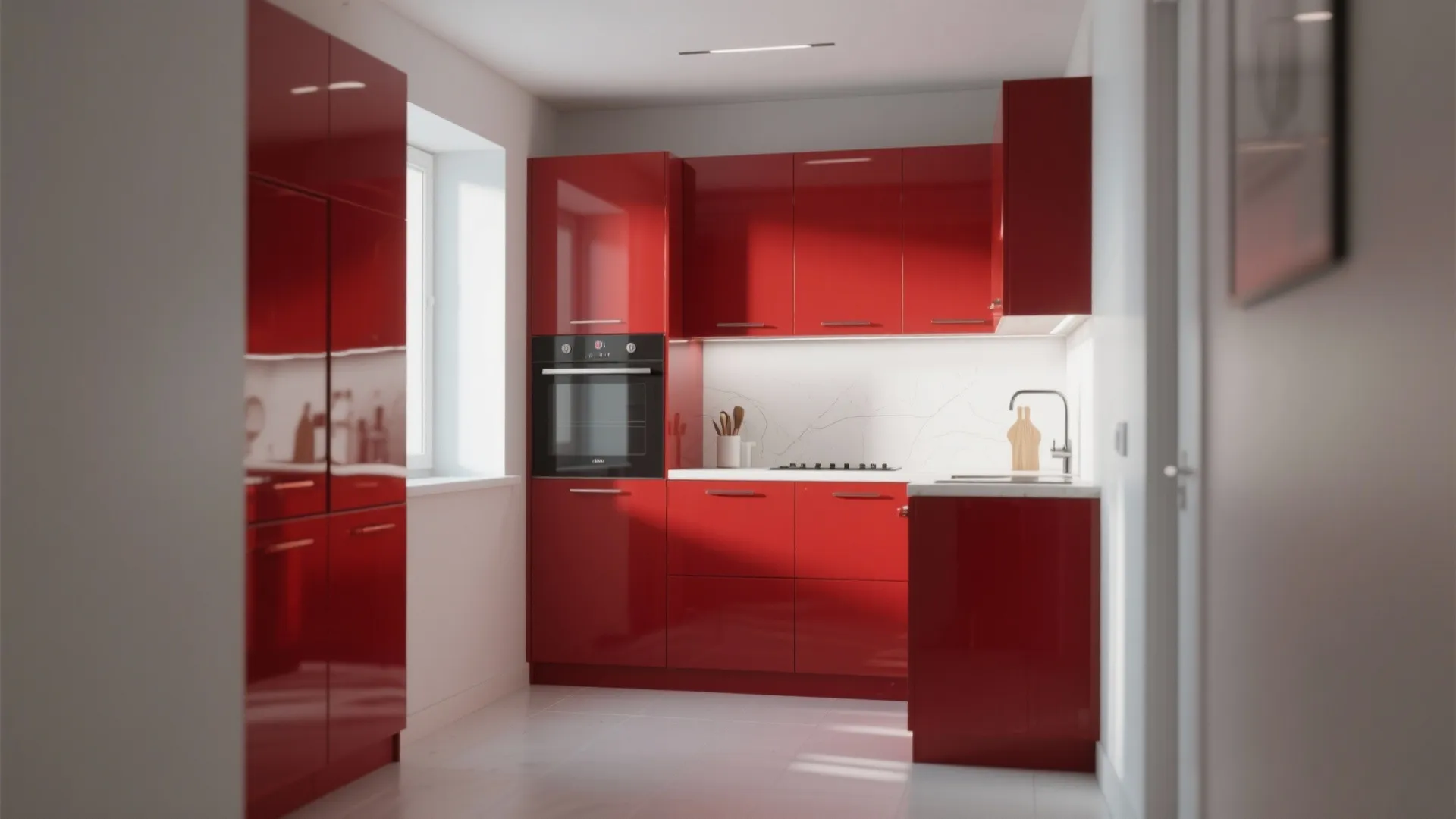 Modern kitchen with bright red glossy cabinets white marble countertop built in oven and natural light