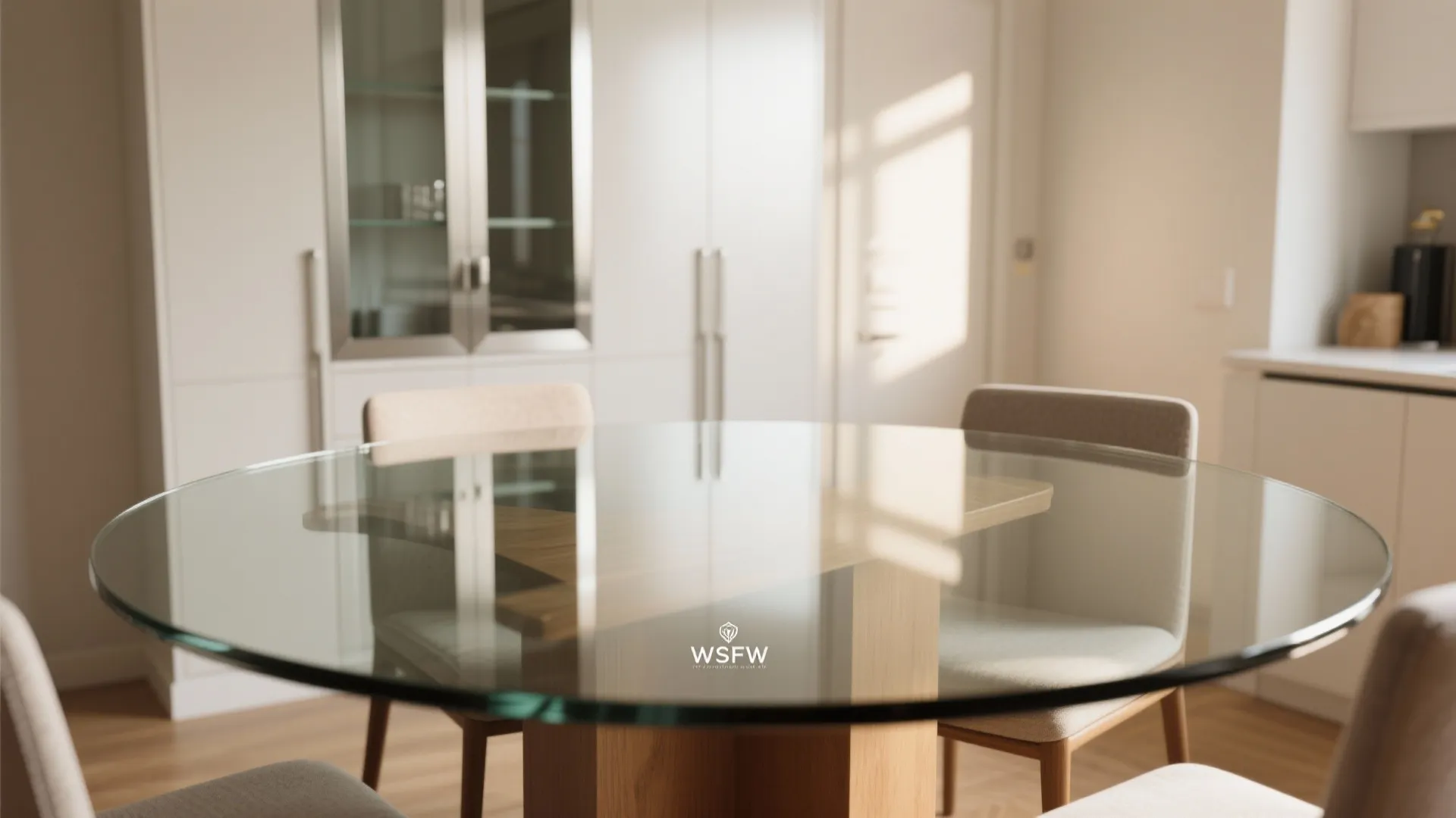 Modern round glass dining table with wooden base surrounded by beige chairs in bright kitchen