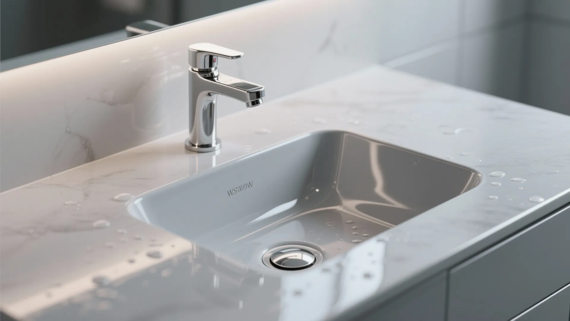 5. Glossy dove-gray vanity with wall-mounted faucet