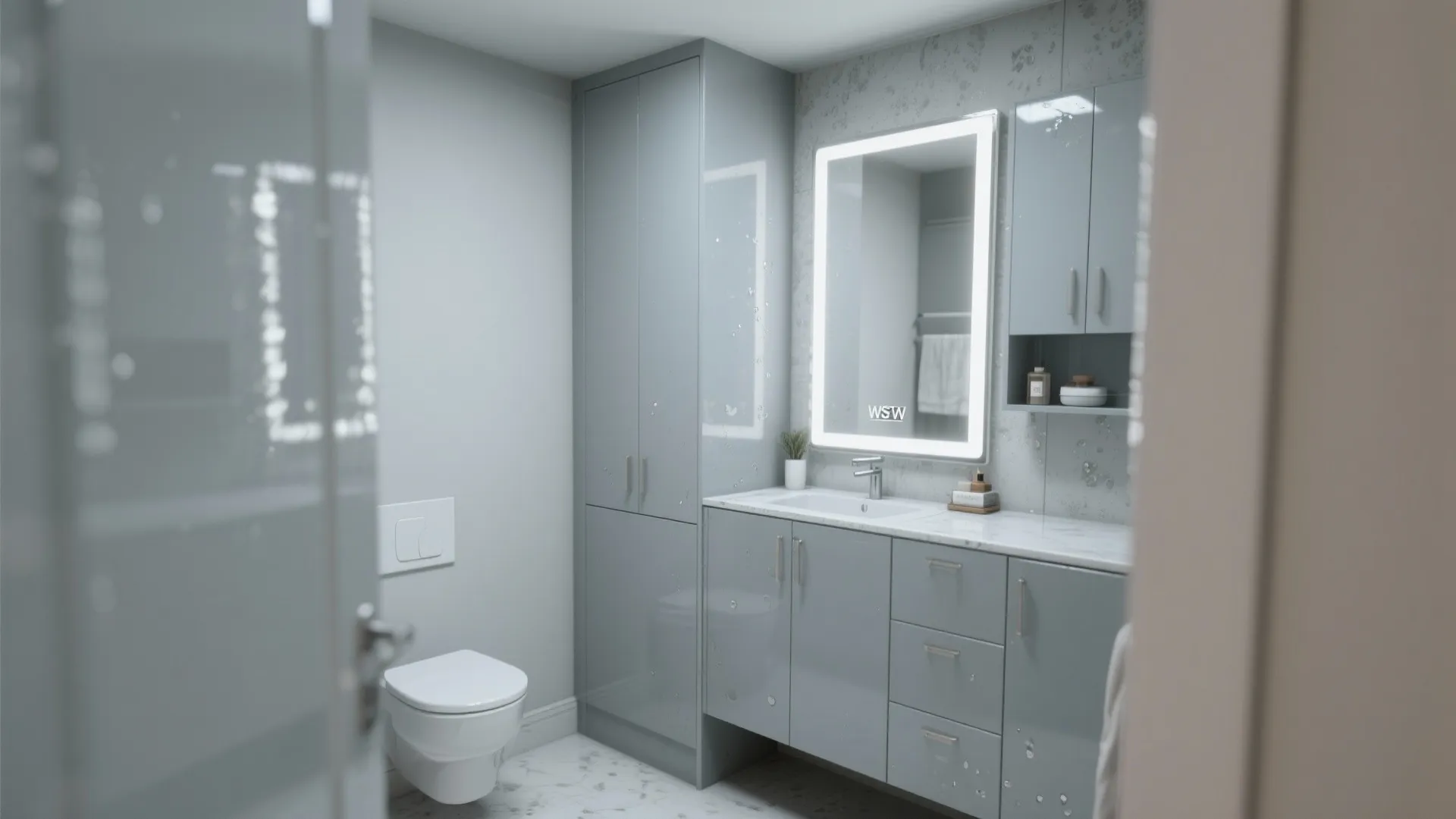 5. Glossy Dove Gray Cabinets with Large Mirrors