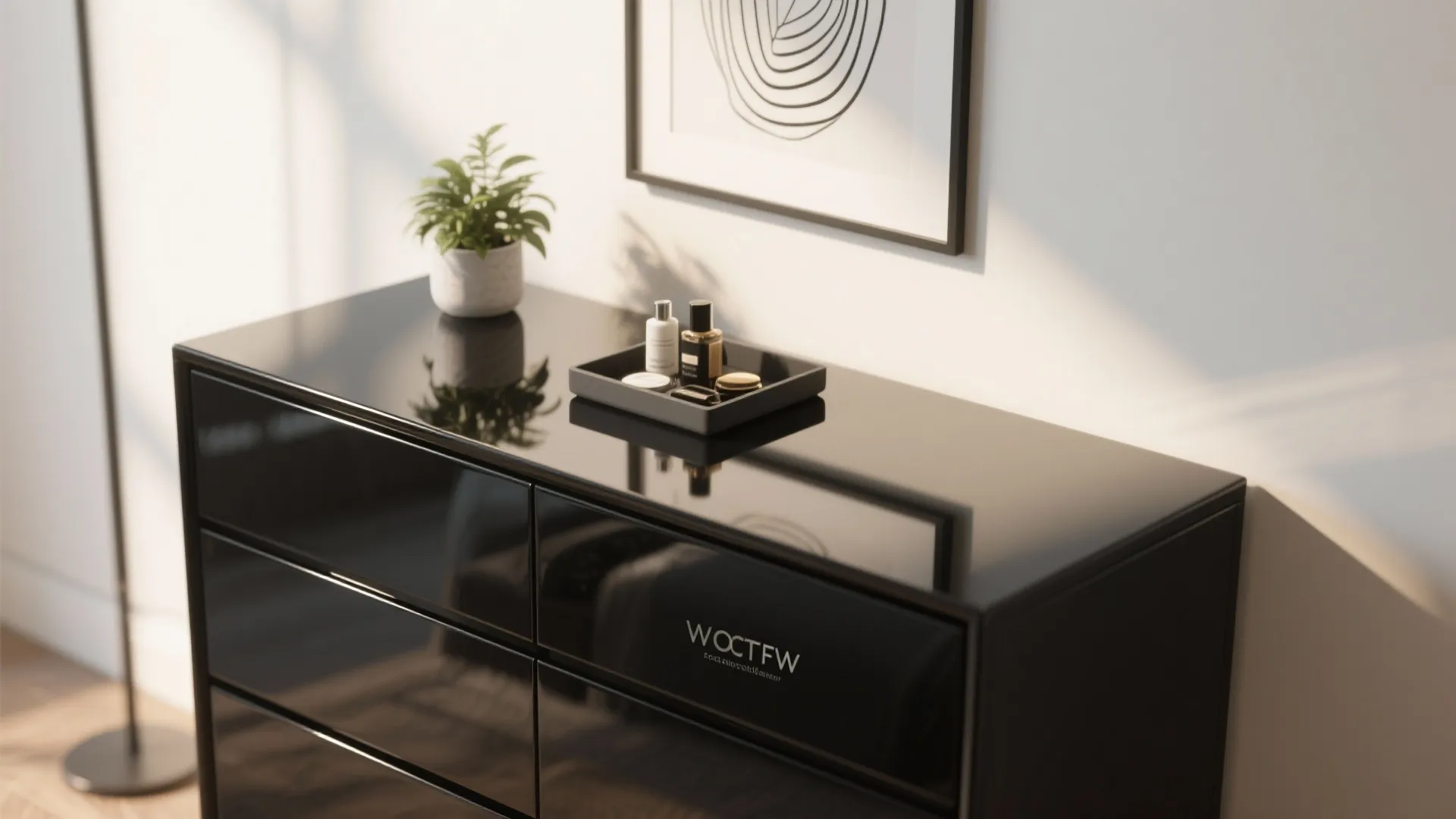 4. Glossy black dresser as focal point