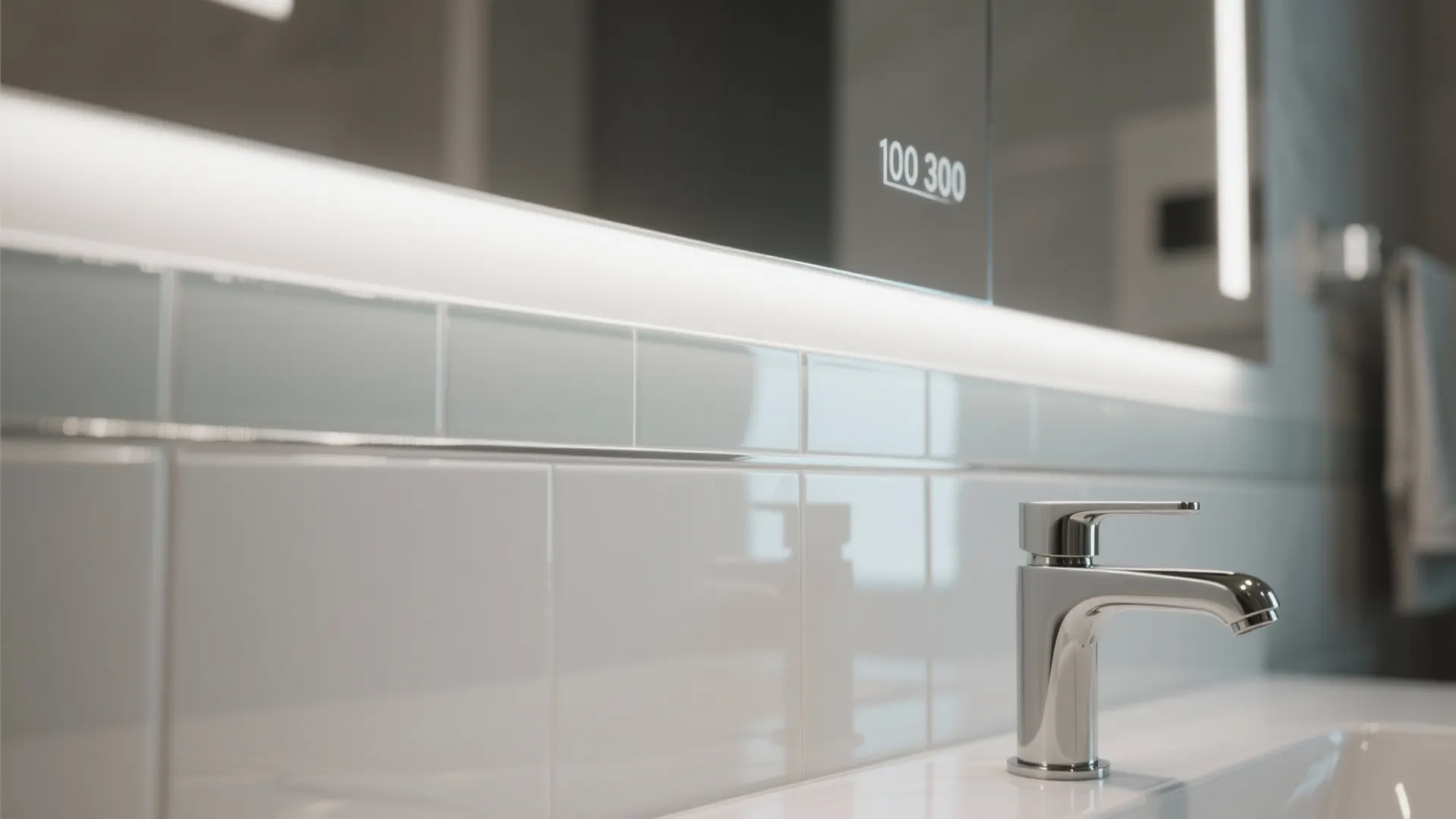 Macro view of a glossy tile strip behind a vanity reflecting light for depth and brightness.