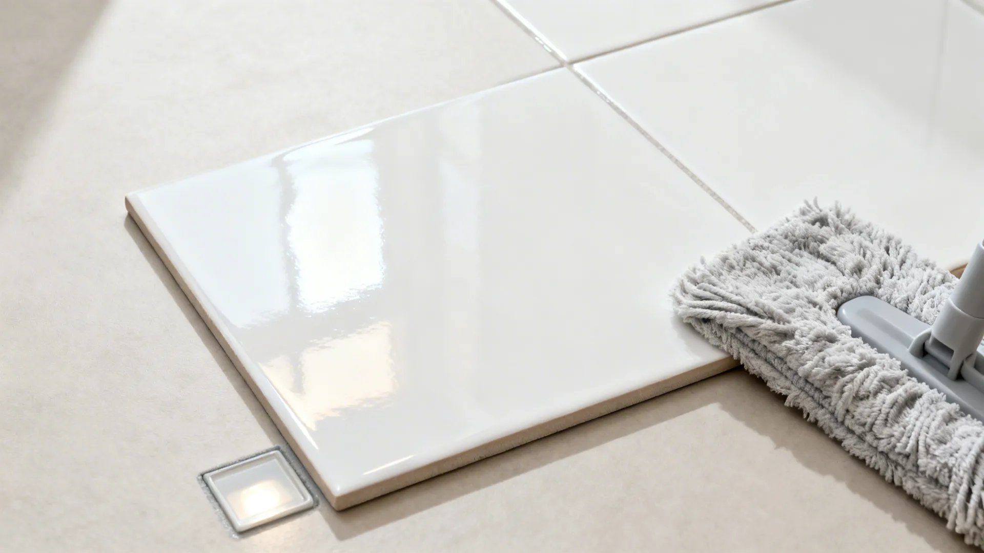 Flatlay with glossy white tile sample, gray grout, microfiber mop, and light sample.
