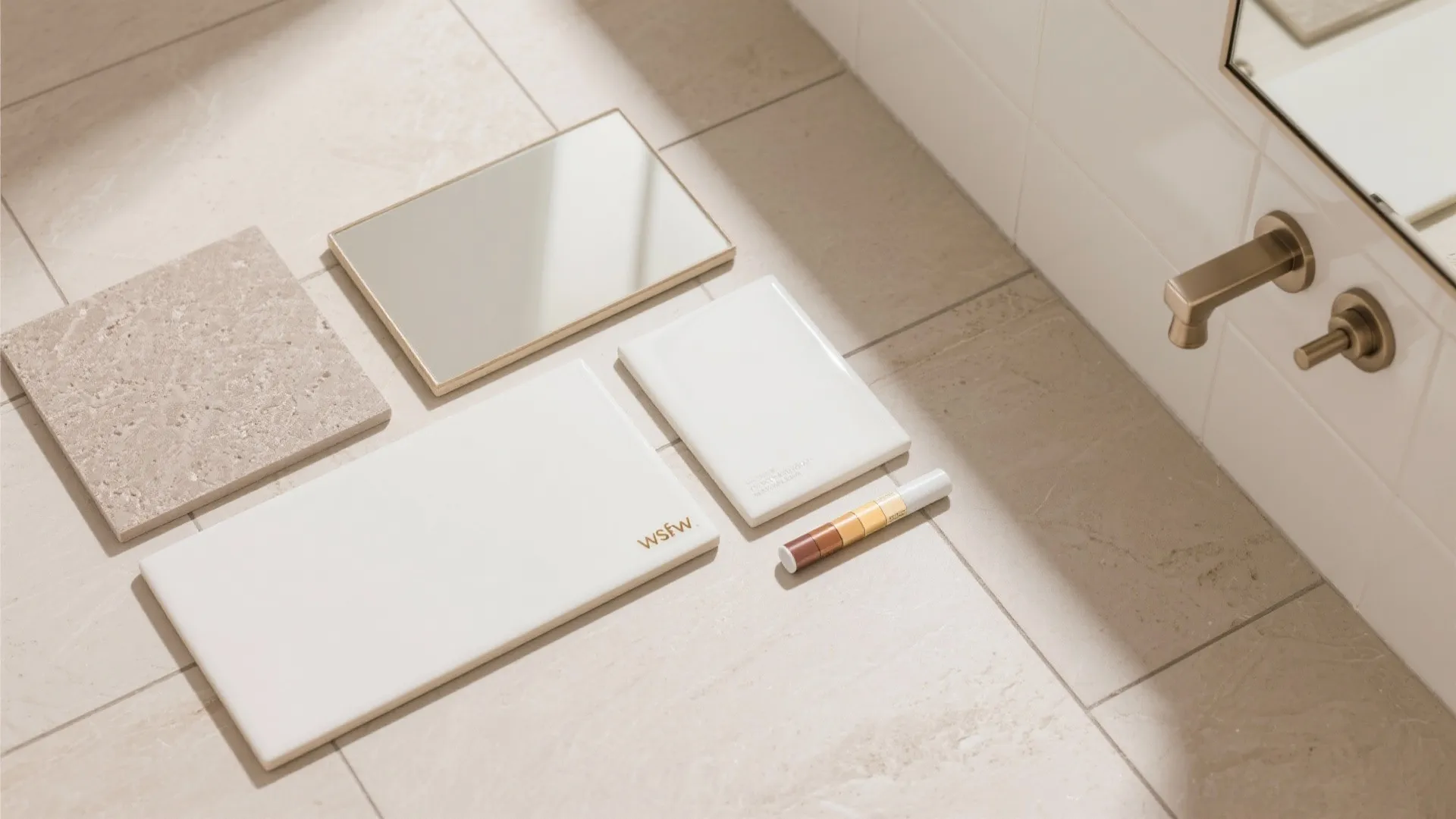Flat lay of glossy wall tile with matte floor tile, mirror, grout, and warm metal finishes.