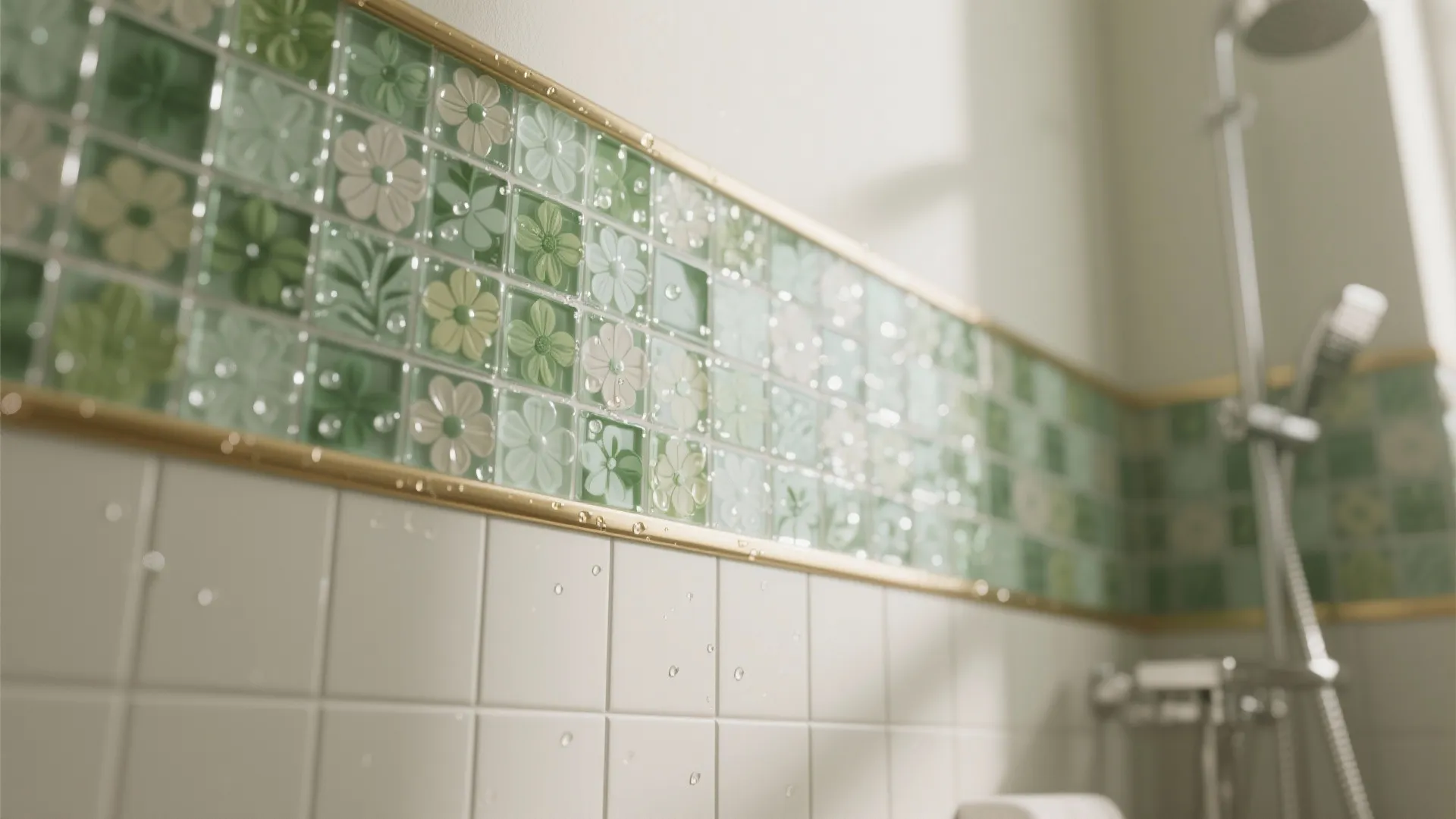 Close up of green and white flower patterned wall tiles with water drops in shower