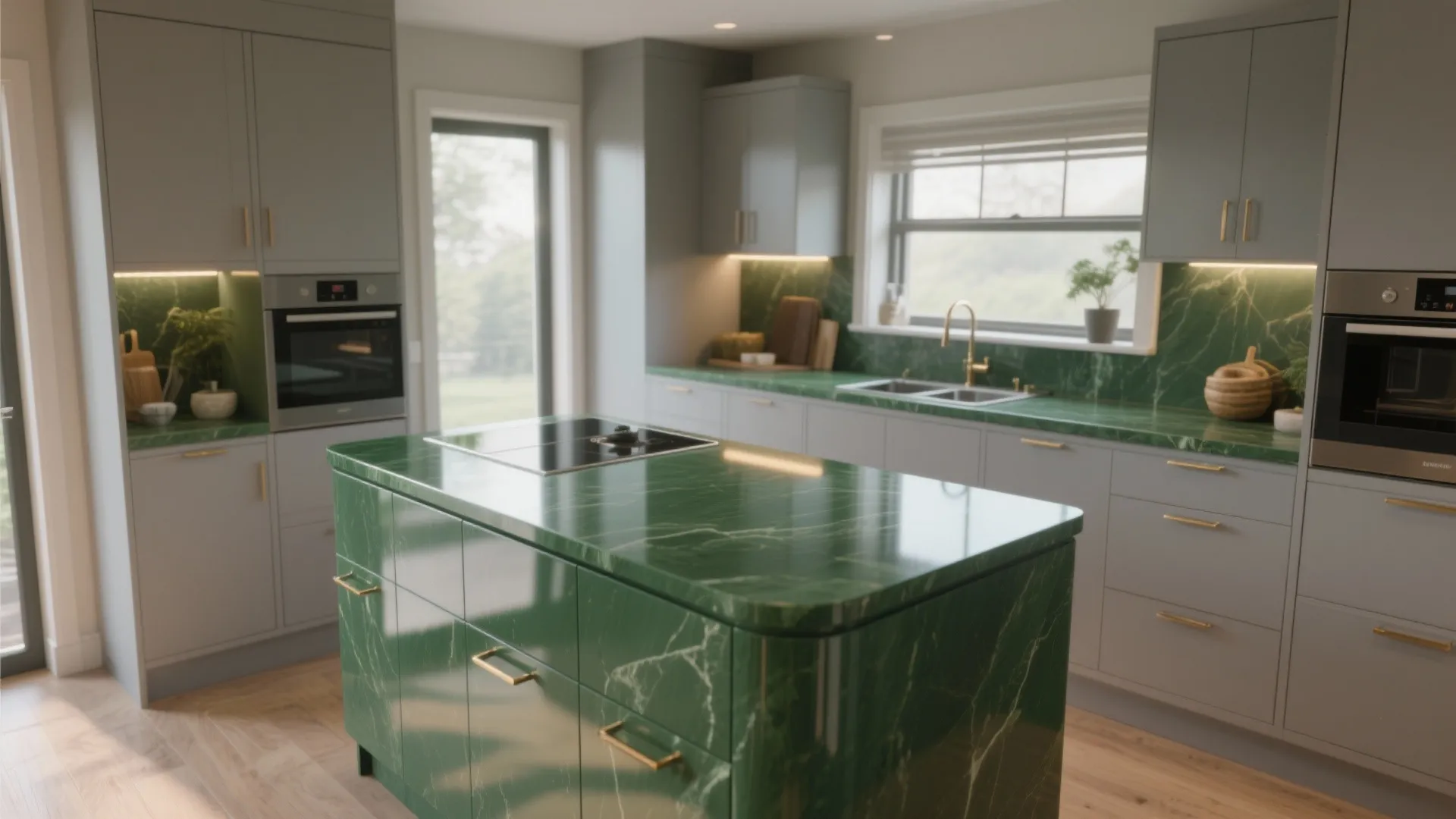 2. Glossy Forest Green Island & Light Grey Cabinets