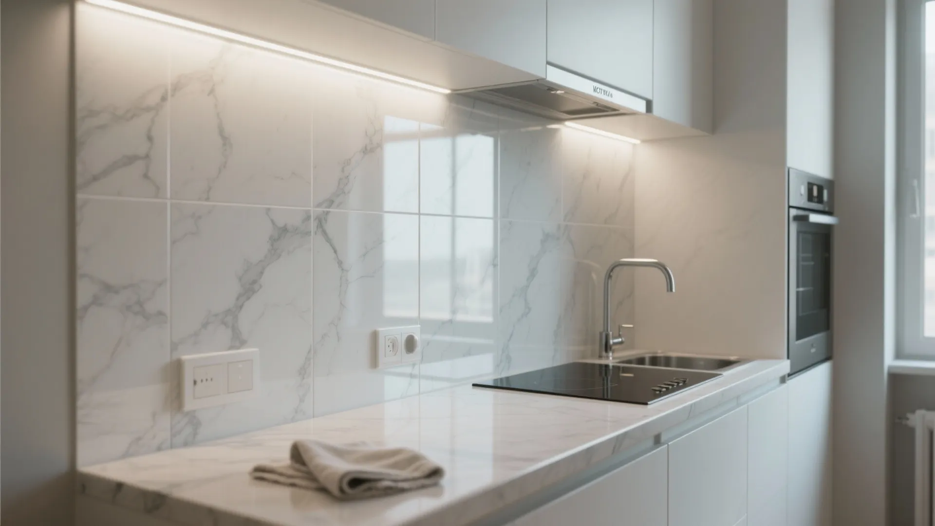 3. Glossy Full-Height White Slab Tiles