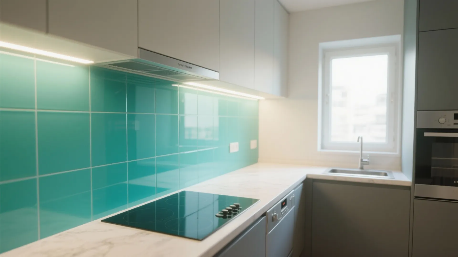 Modern kitchen with bright teal glass wall tiles white cabinets electric cooktop and white marble countertop