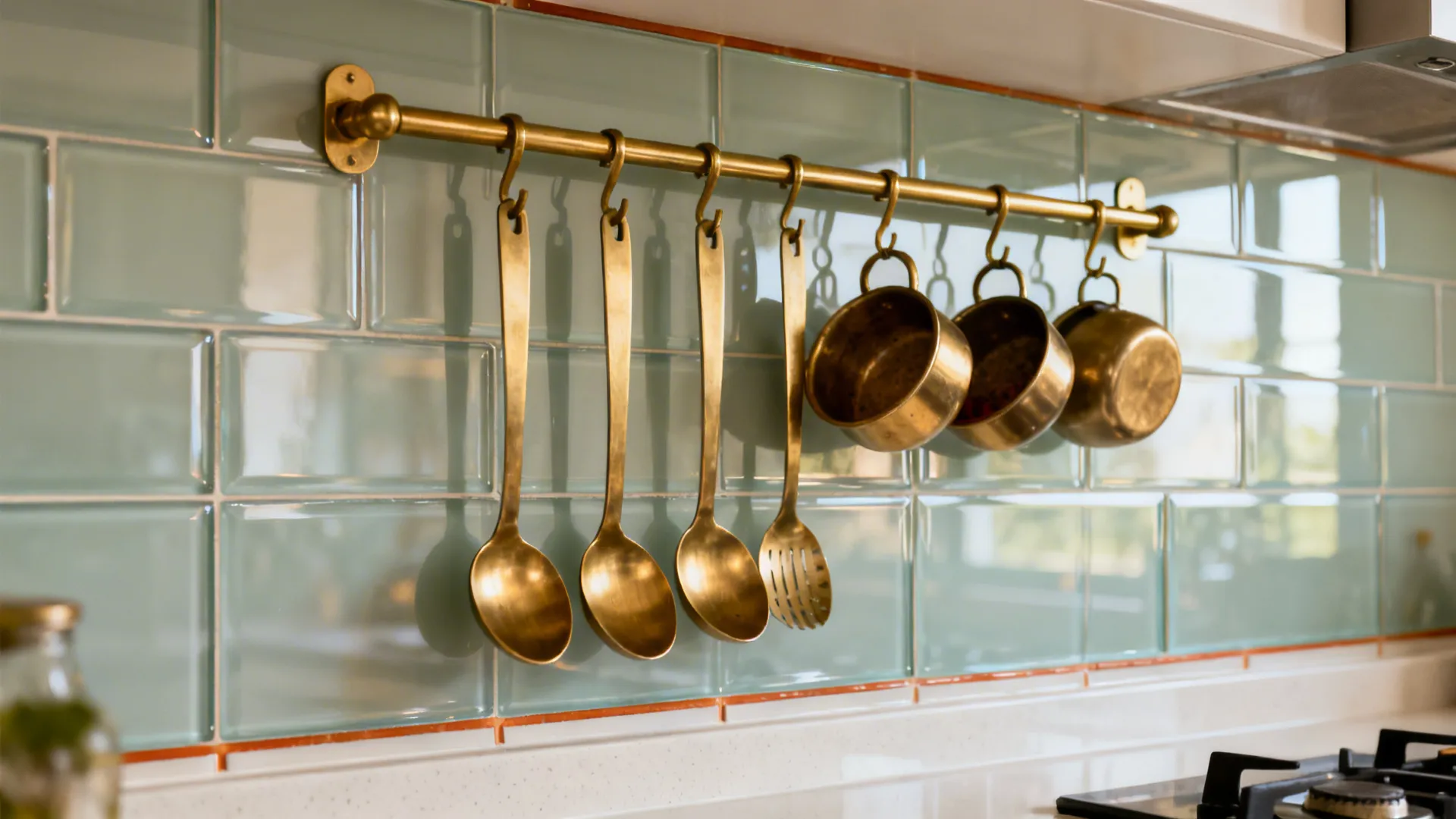 Macro view of a high-gloss glass backsplash with a brass rail holding utensils for easy cleaning.