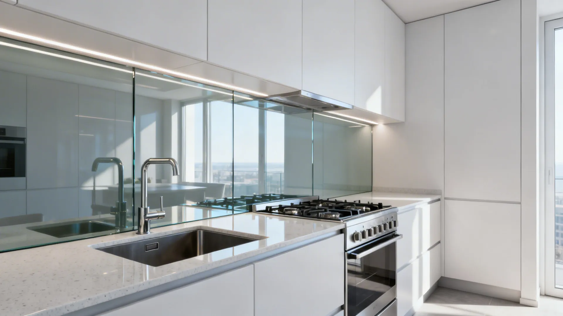 Compact kitchen with large glossy glass backsplash panels reflecting light behind sink and range.
