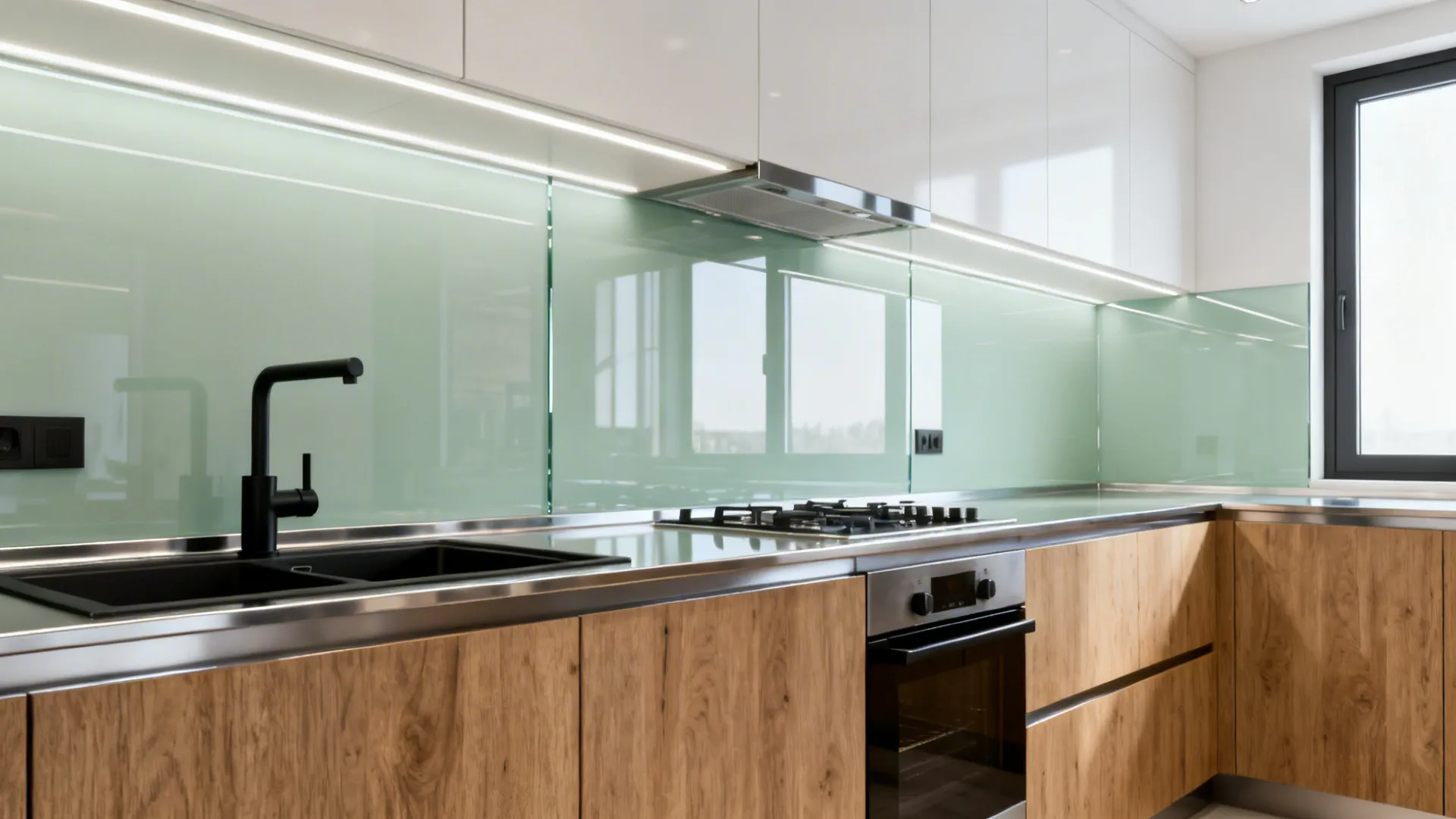 Windowless small kitchen brightened by a pale sage glossy glass backsplash.
