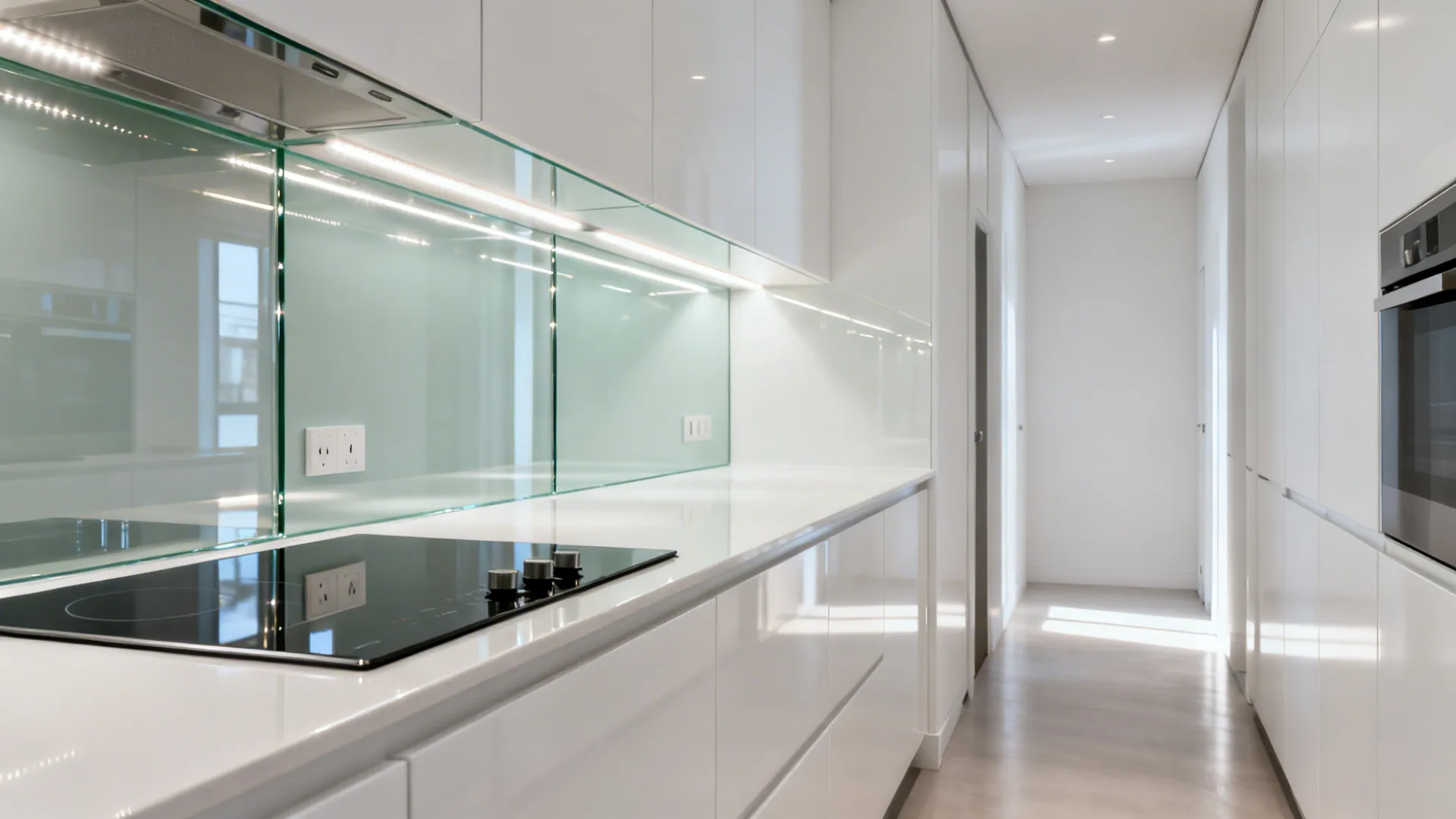 Glossy back-painted low-iron glass backsplash reflects LED light in a narrow galley kitchen.