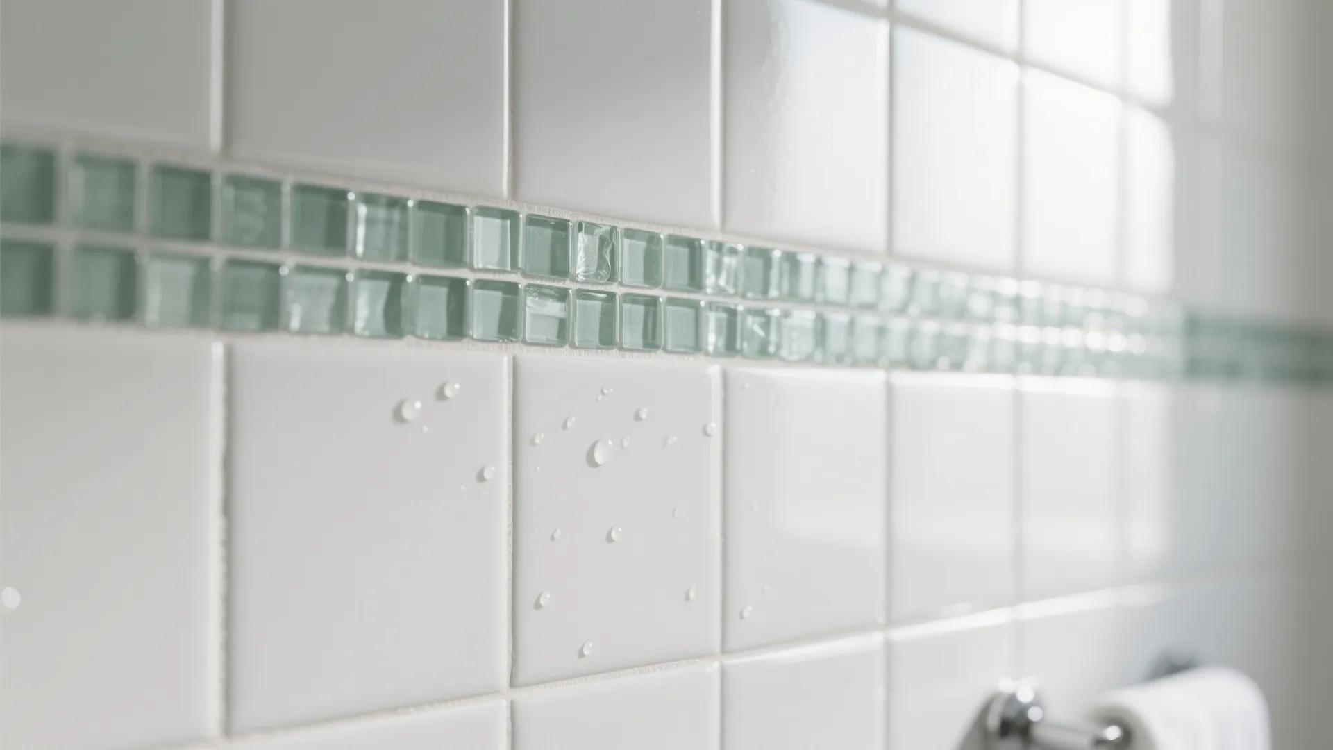 Close up of white wall tiles with green glass mosaic border and clear water droplets