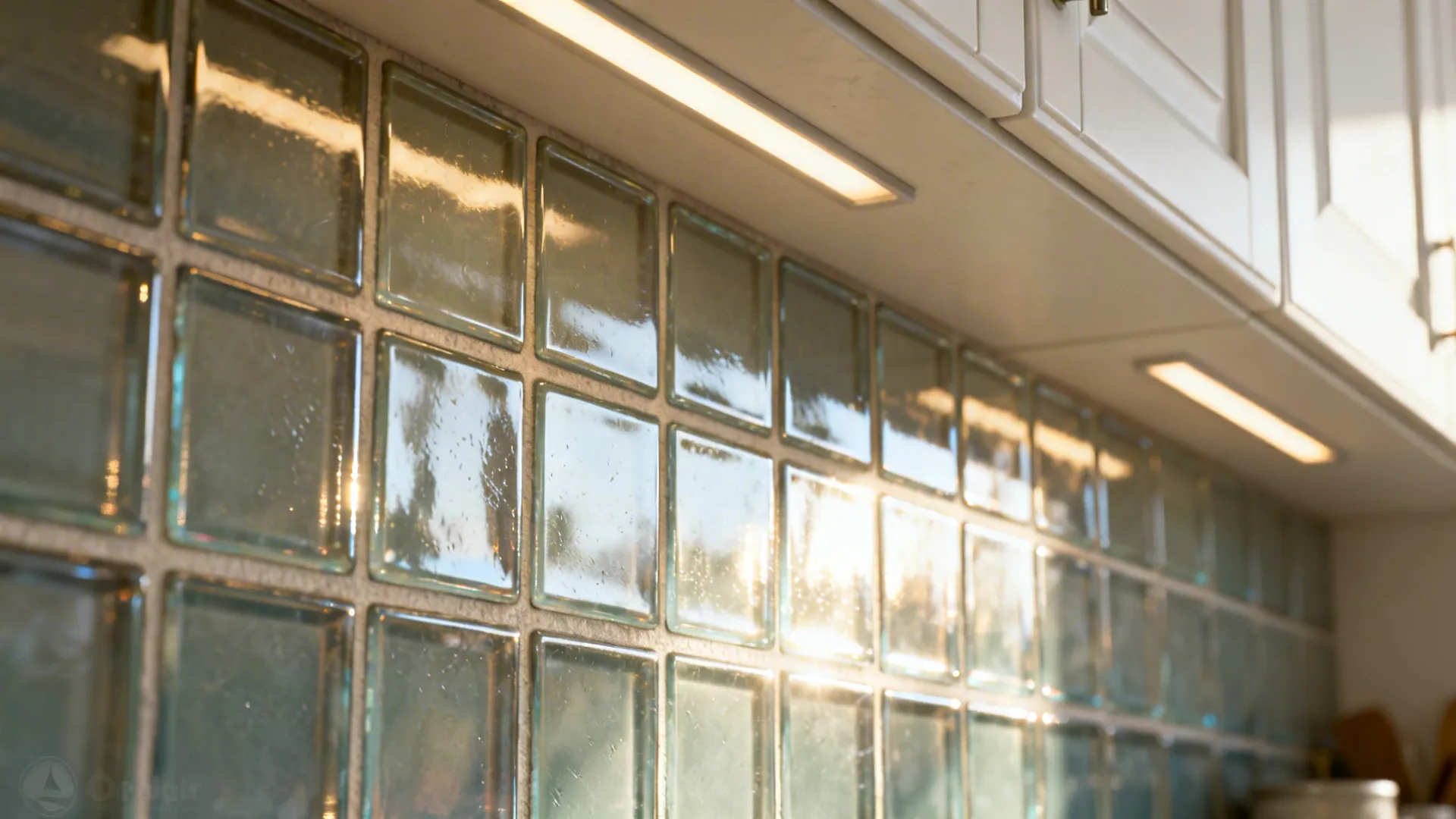 Macro view of glossy glass backsplash tiles reflecting soft daylight near white cabinets.