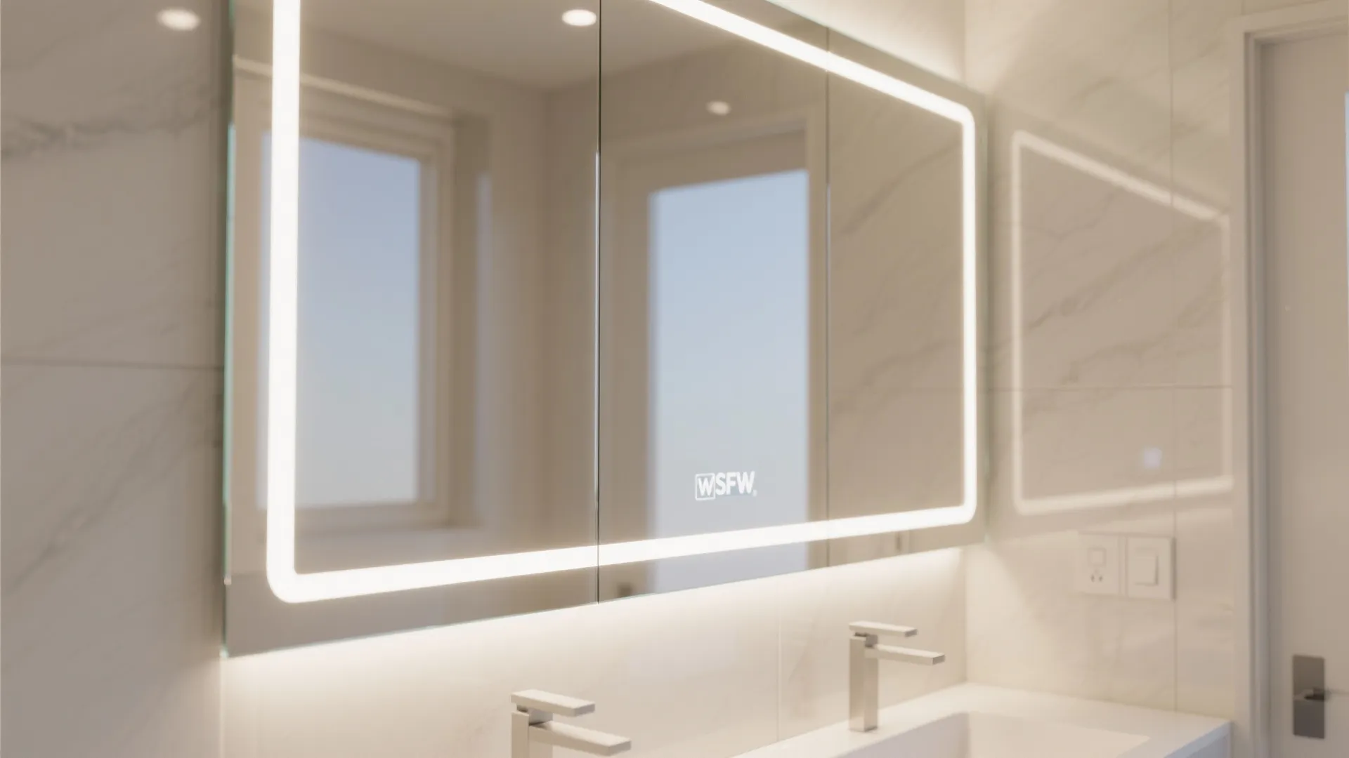 High-gloss back-painted glass behind a vanity reflects soft LED and daylight.