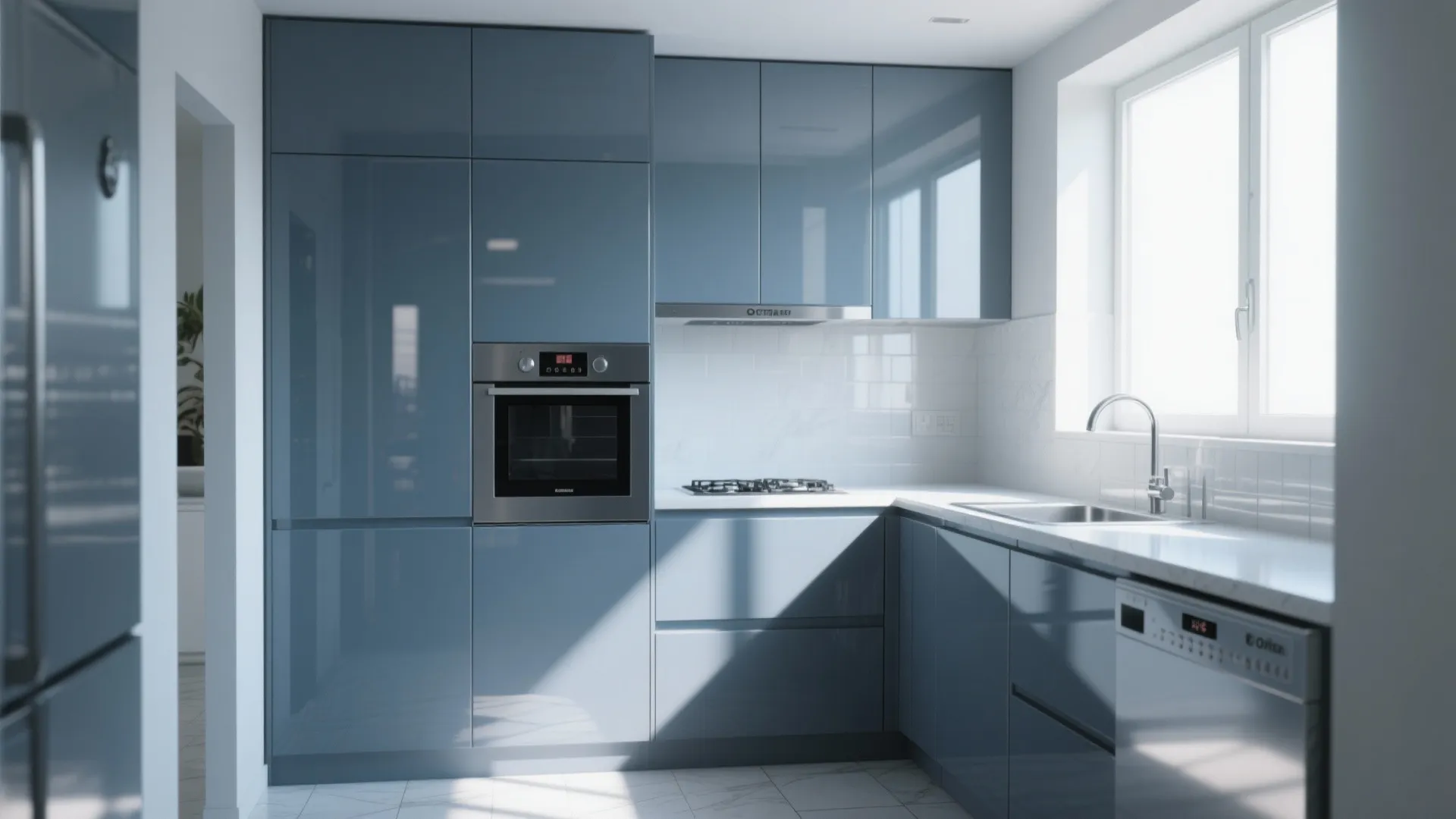 Modern blue glossy kitchen cabinets with built in oven white counter sink and large window