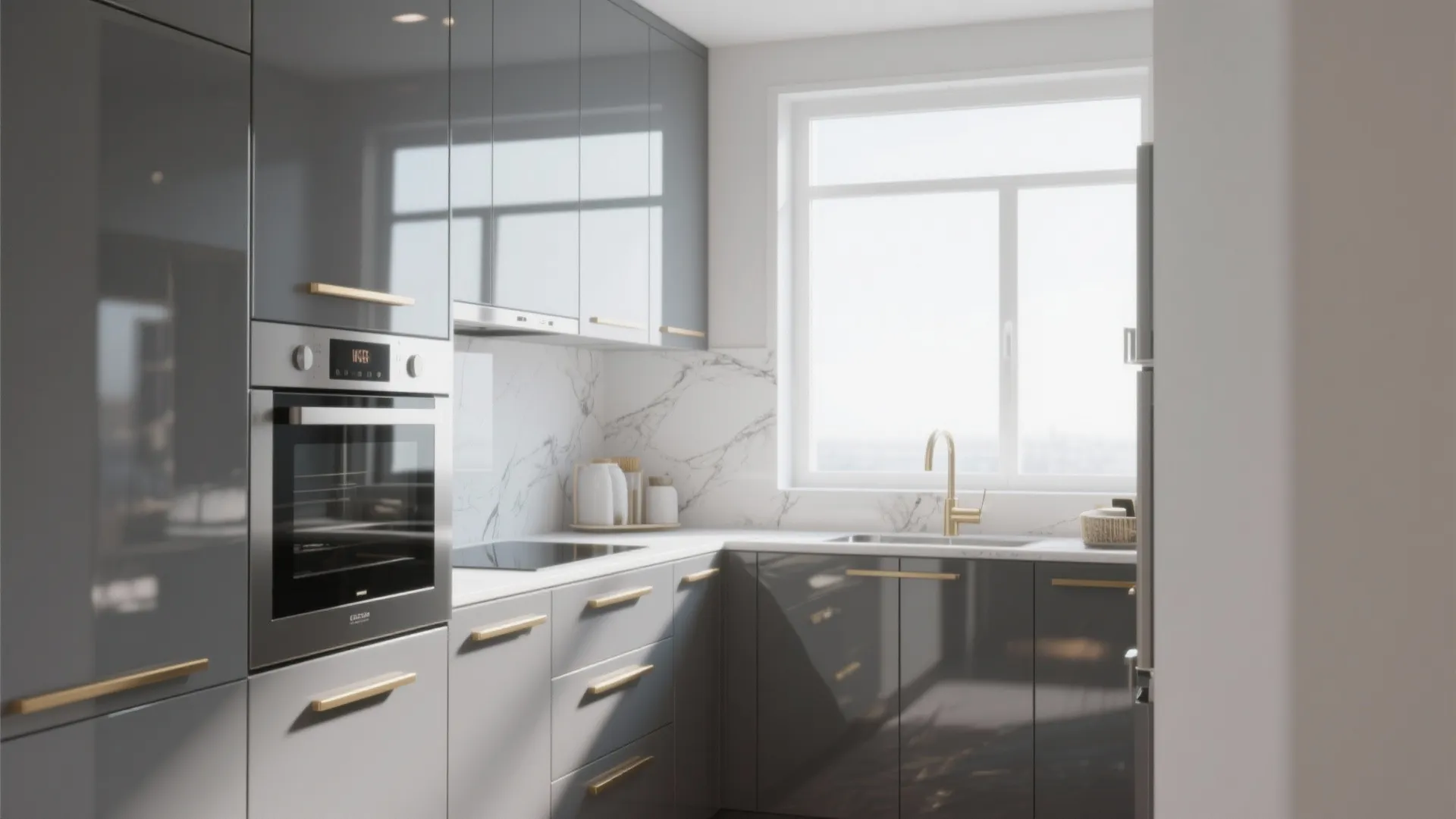 5. High-gloss gray lacquer + slim linear gold handles