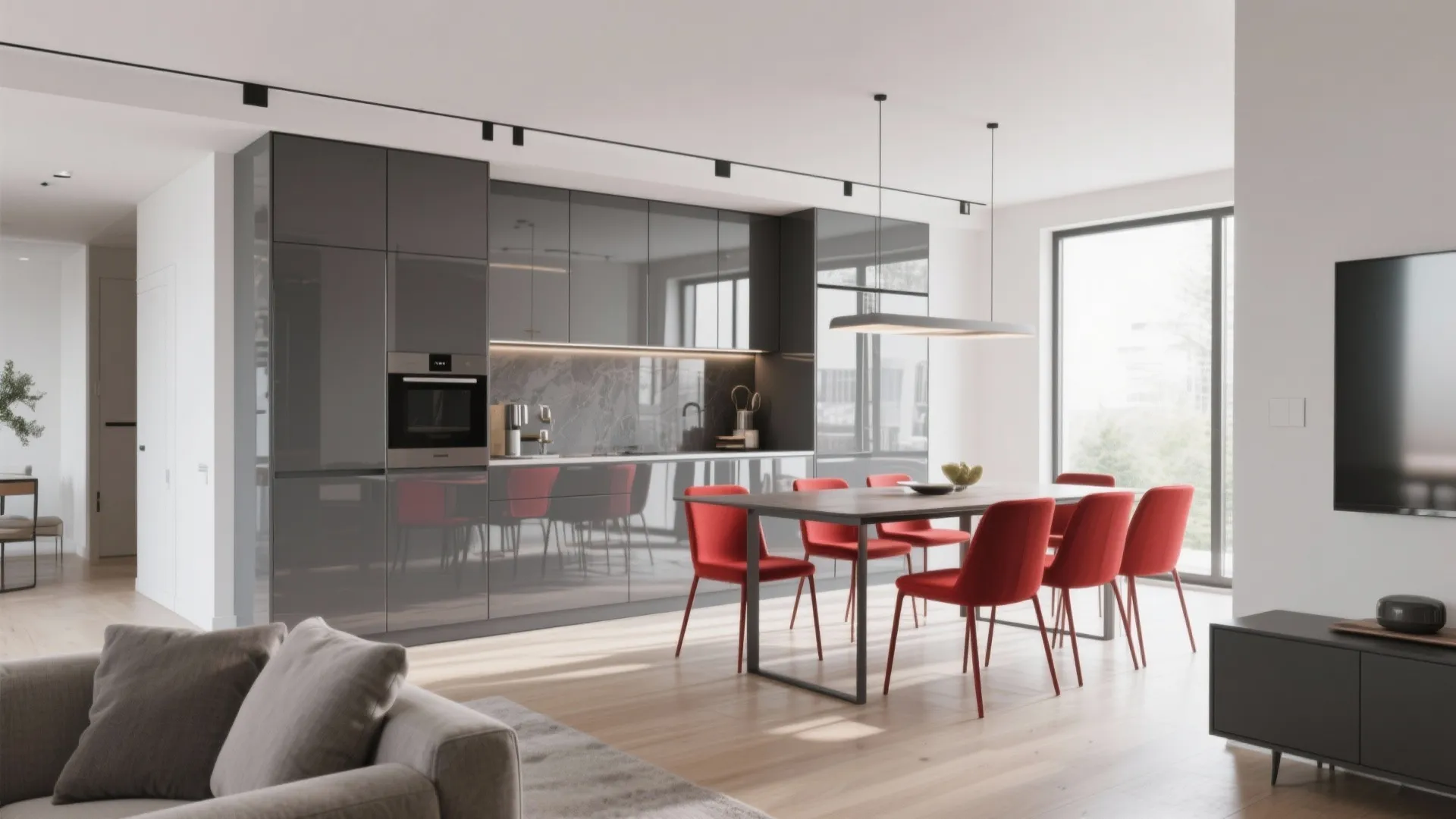 Open-plan living dining with glossy gray cabinets and red chairs