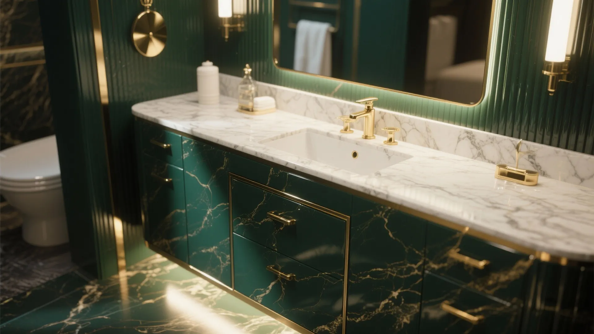 Glossy dark green vanity with gold-veined marble top