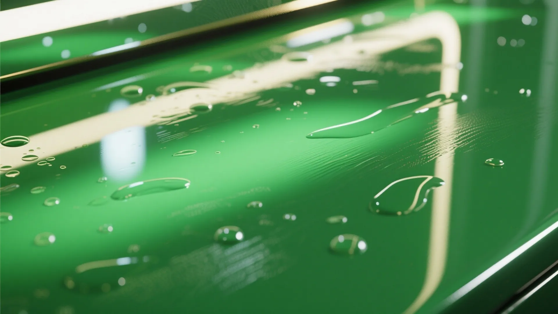 Close up view of water droplets on a smooth shiny green surface with bright reflections