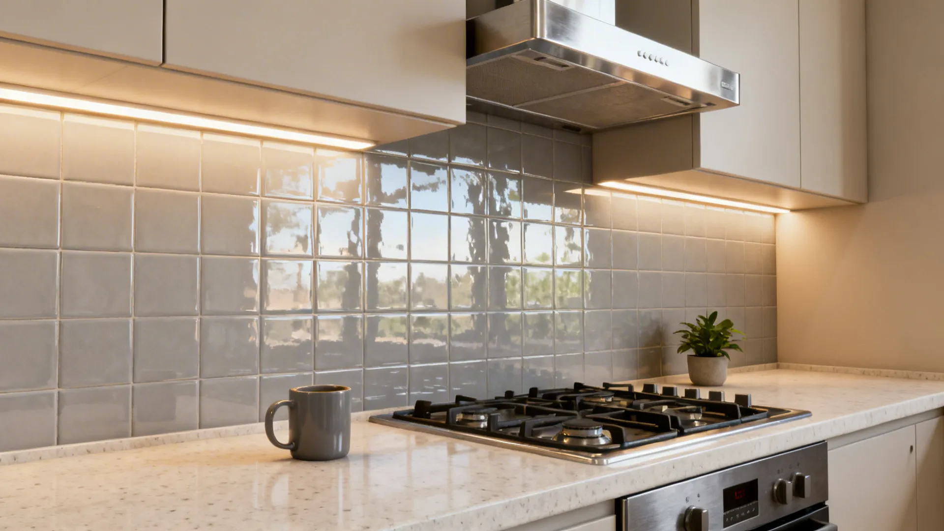 Glossy light-grey backsplash brightening a narrow kitchen with warm LED lighting.