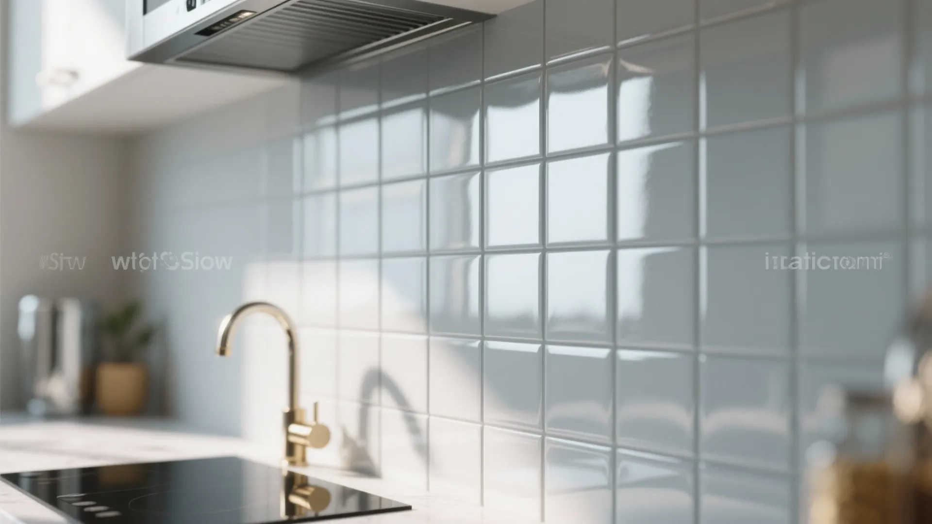 Close up of glossy light grey square wall tiles in a kitchen with gold faucet