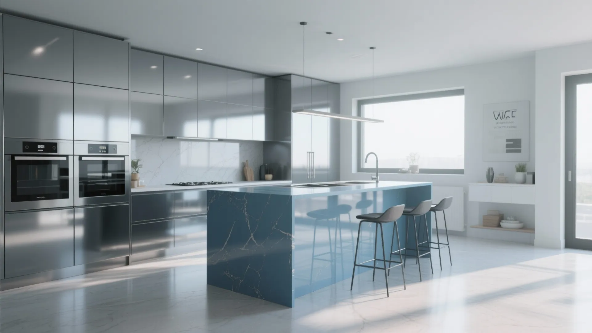 Open kitchen with glossy steel-grey cabinets and a muted blue island reflecting light
