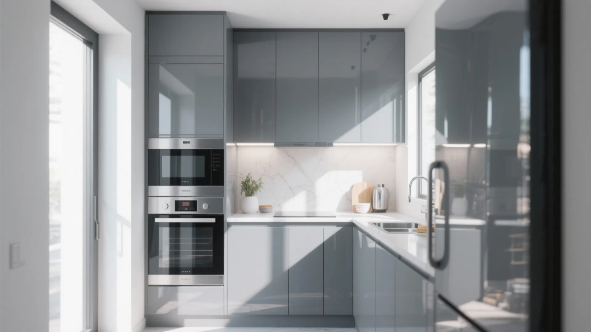 7. Glossy Grey for Small Kitchens