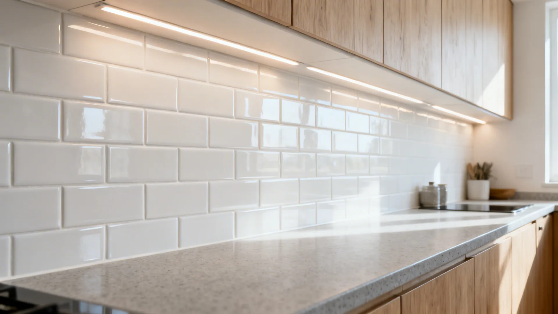 Glossy white tight-grid subway tile backsplash with thin off-white grout in a narrow kitchen.