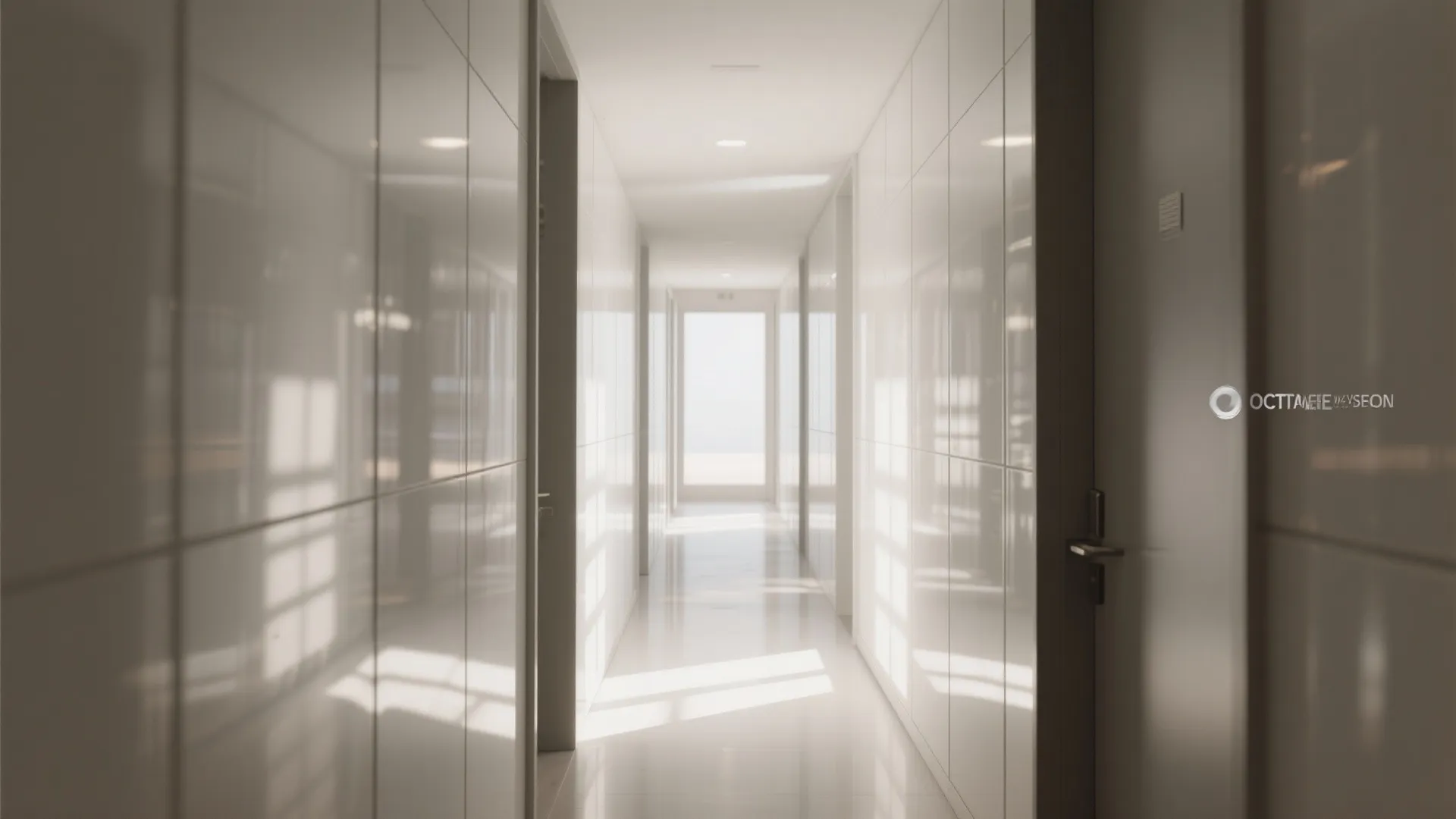 Bright white hallway with glossy wall panels reflecting natural light from a window at end