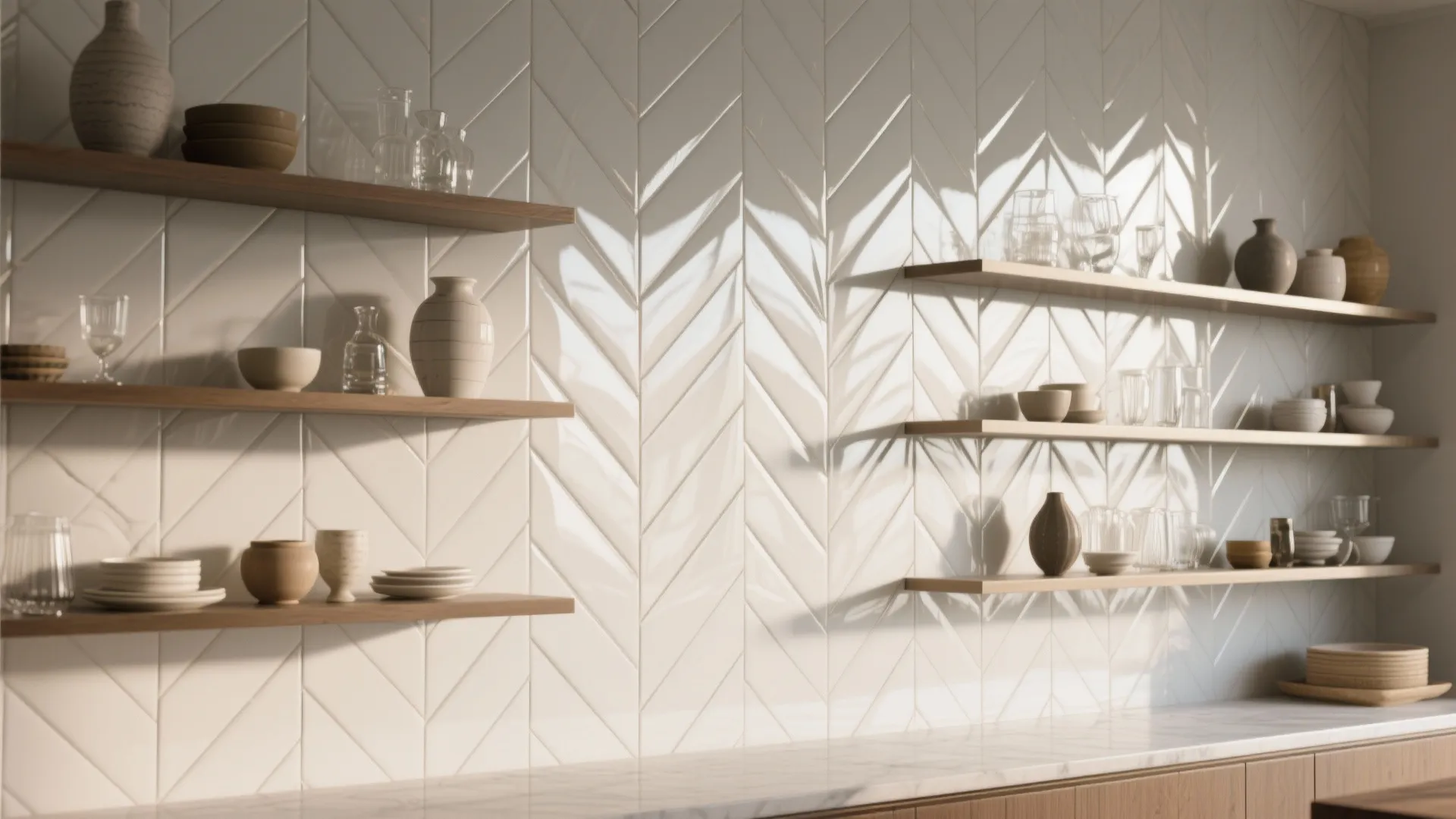 White wall with arrow pattern tiles and wooden shelves holding ceramic plates bowls and glasses