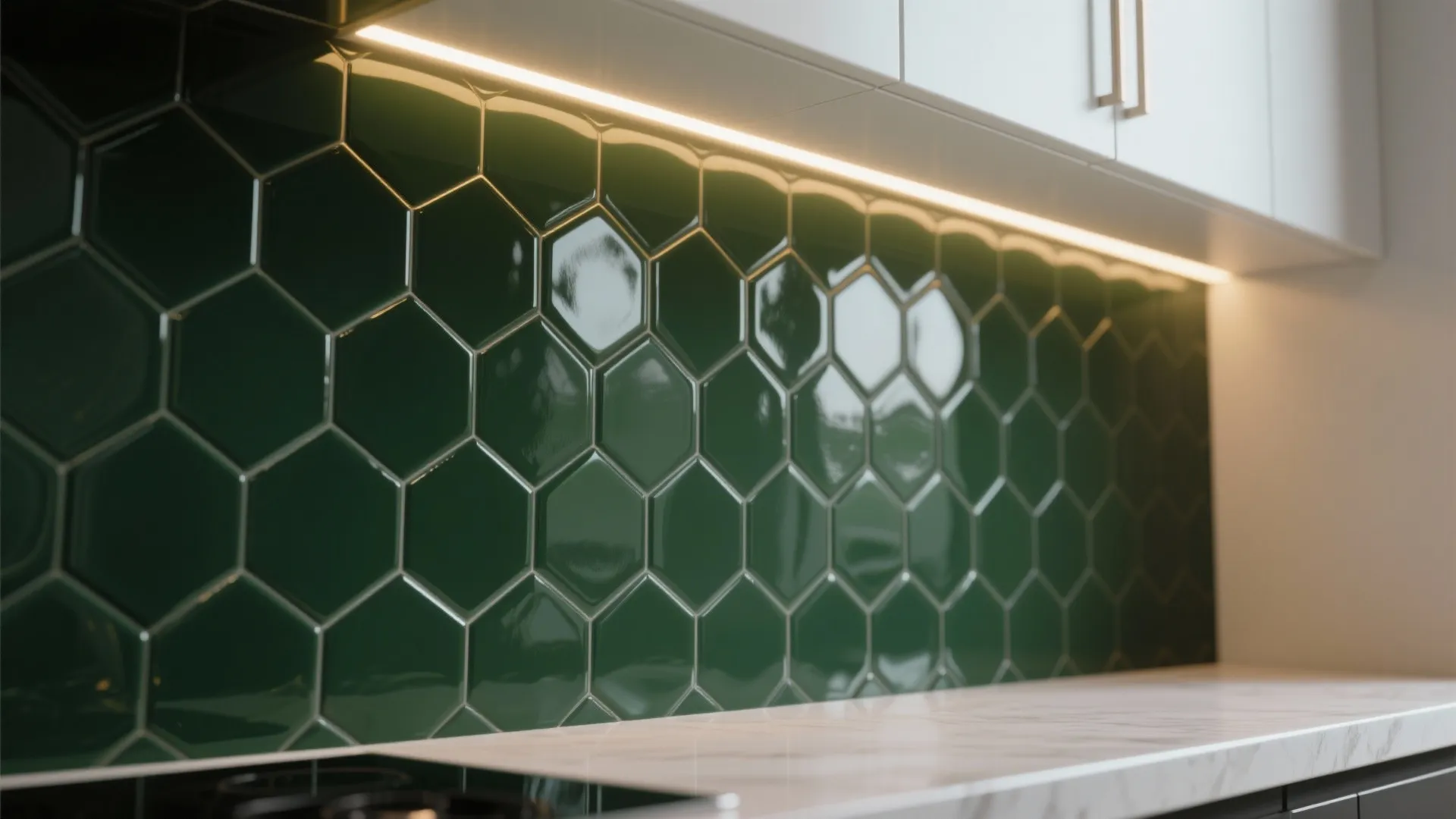 Dark green glossy hexagonal tile backsplash in kitchen with warm light under white wall cabinets