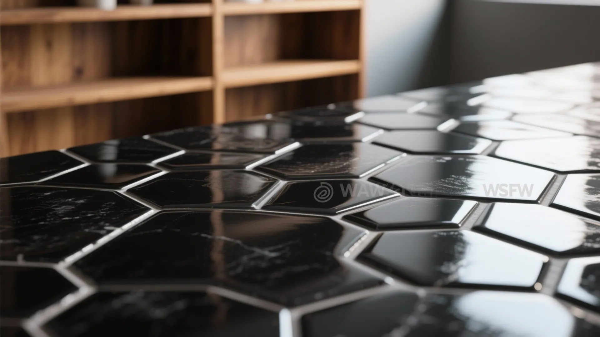 3. Glossy Black Hex Tiles for Modern Drama