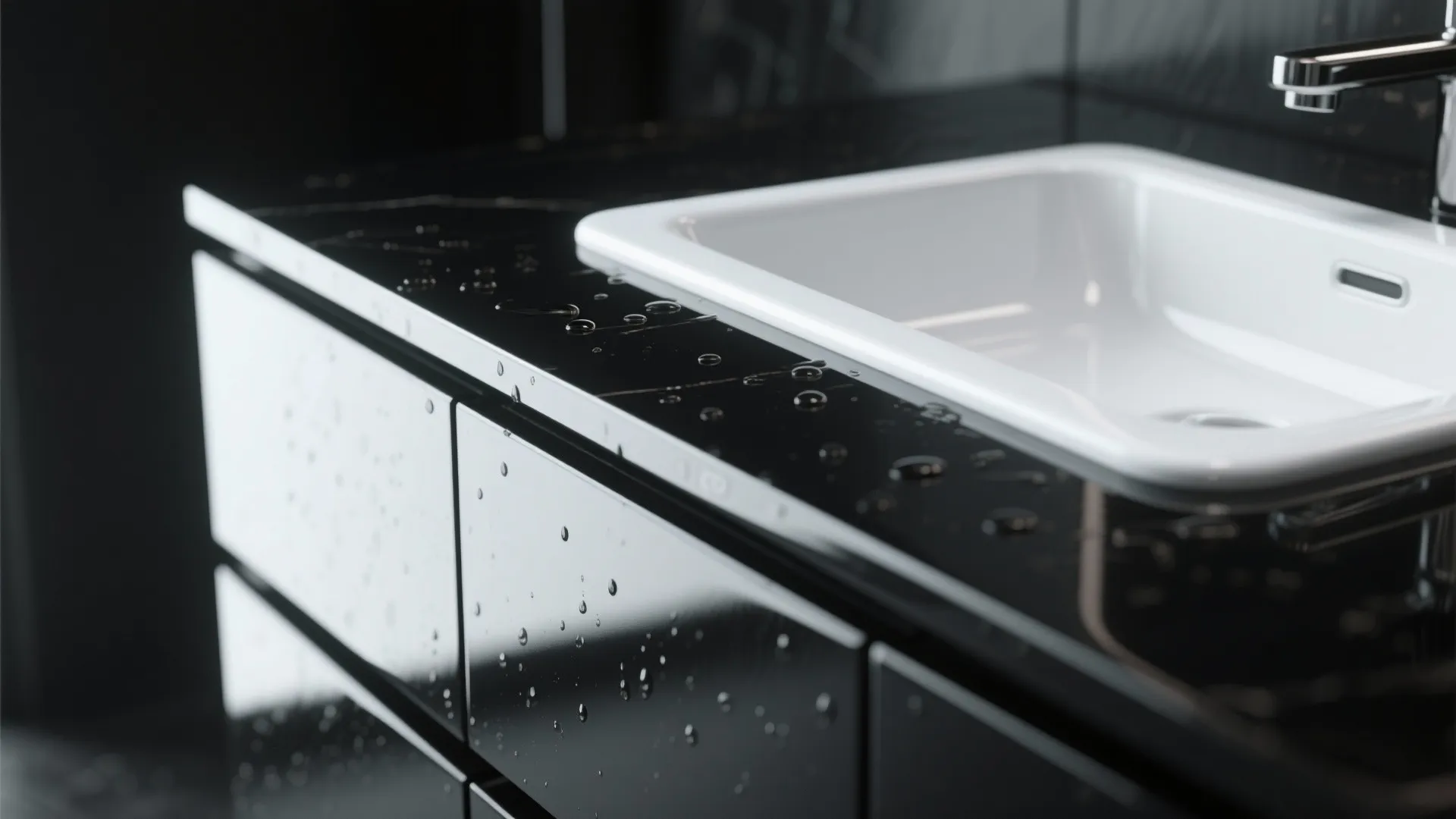 Close up of waterproof black glossy cabinet and white sink with water drops on surface