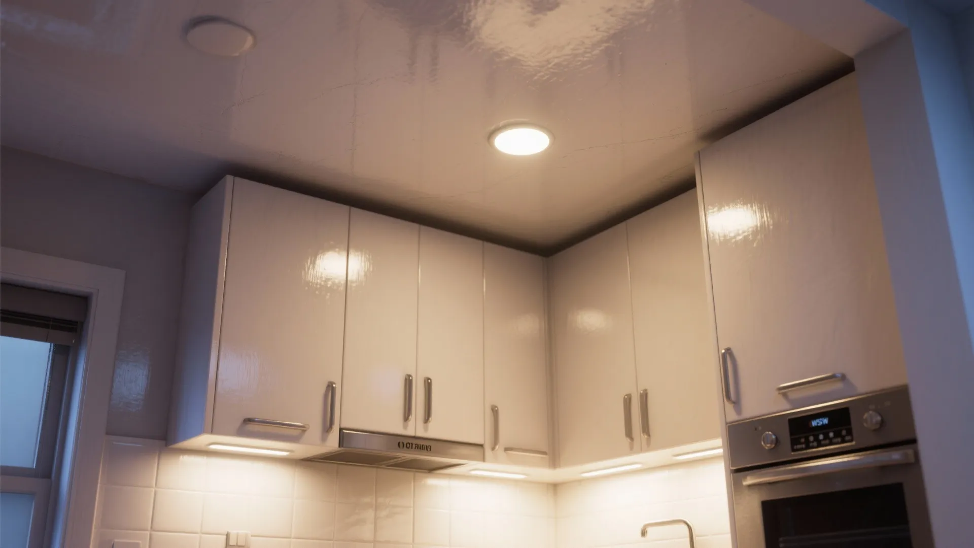 3. High-Gloss Accent Ceiling in a Small Kitchen