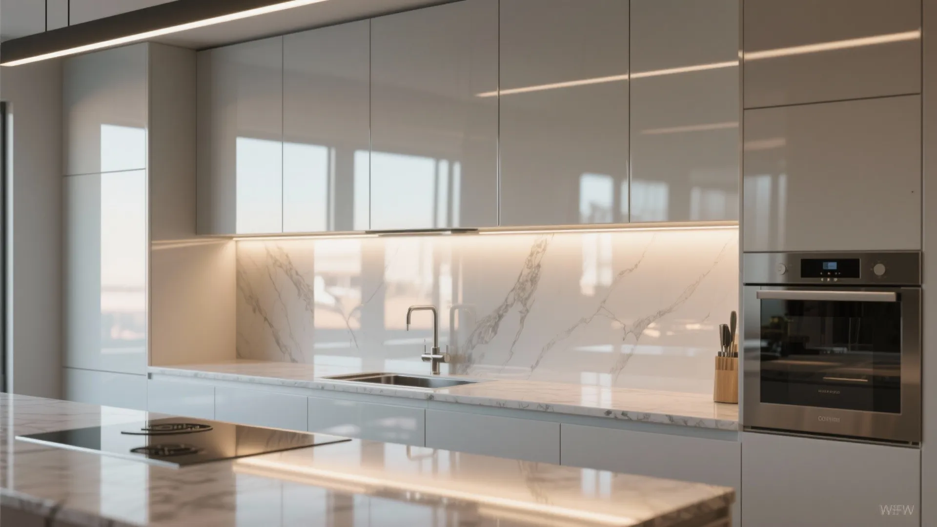 Modern kitchen with glossy grey cabinets marble backsplash stainless steel sink and built-in oven interior design
