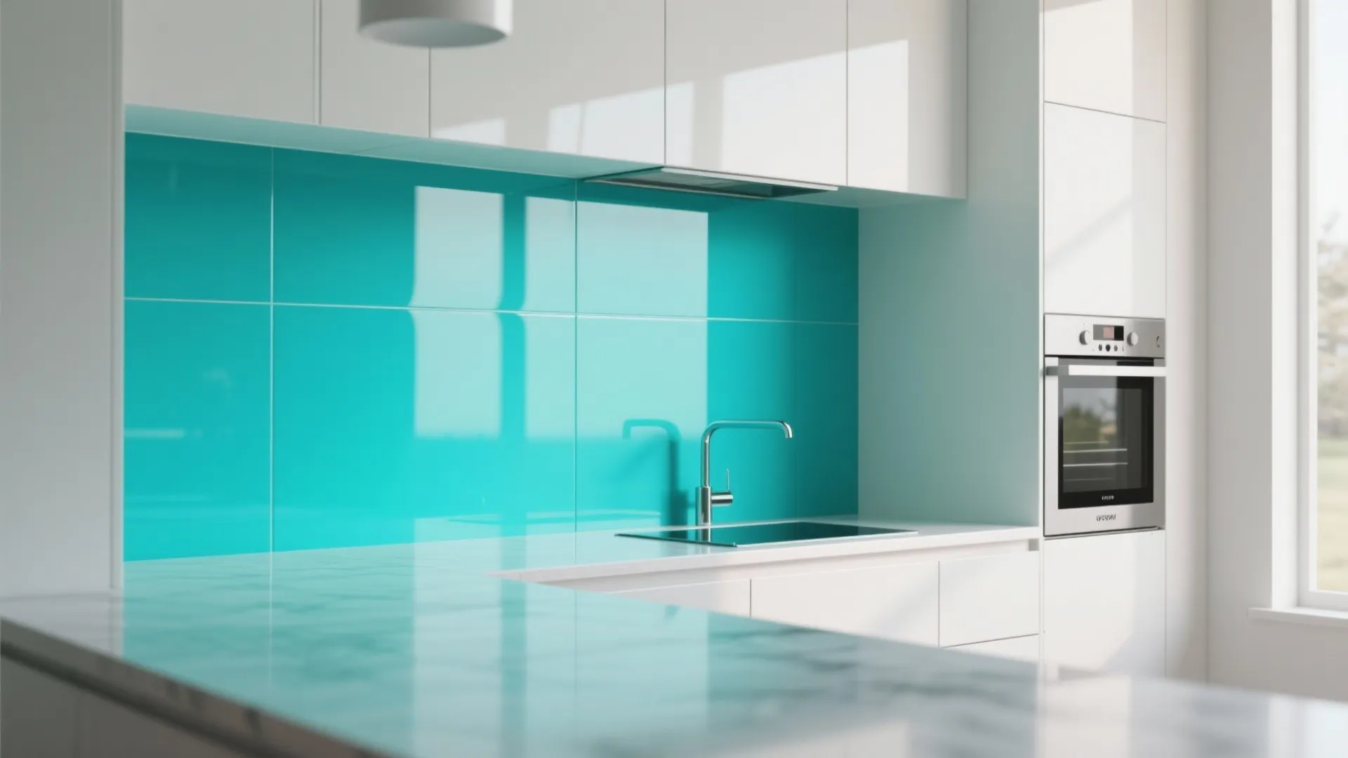 Modern kitchen featuring bright teal wall panel white cabinets sink faucet and built in oven