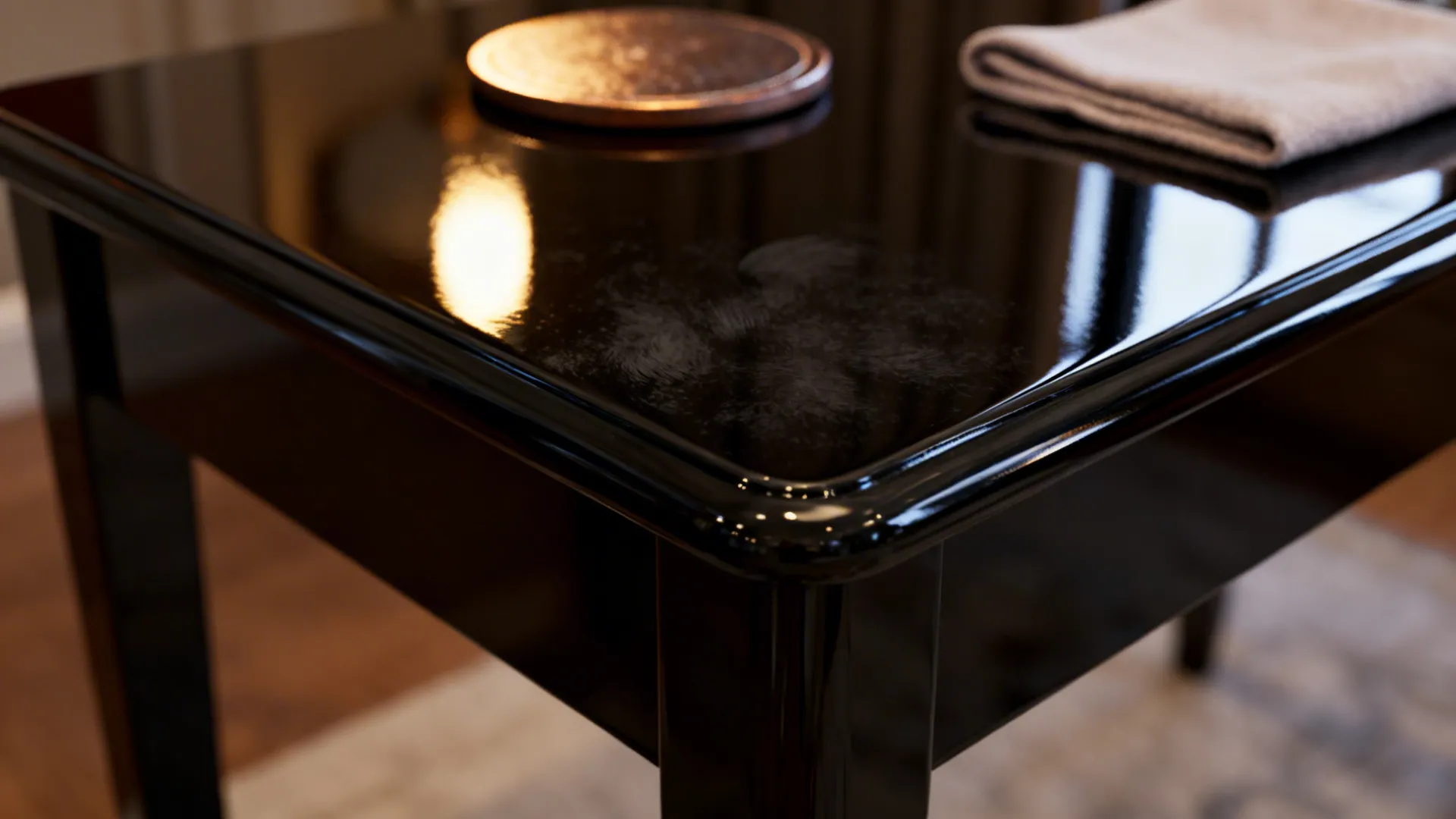 Glossy black lacquer end table reflecting light with a coaster and cloth nearby.