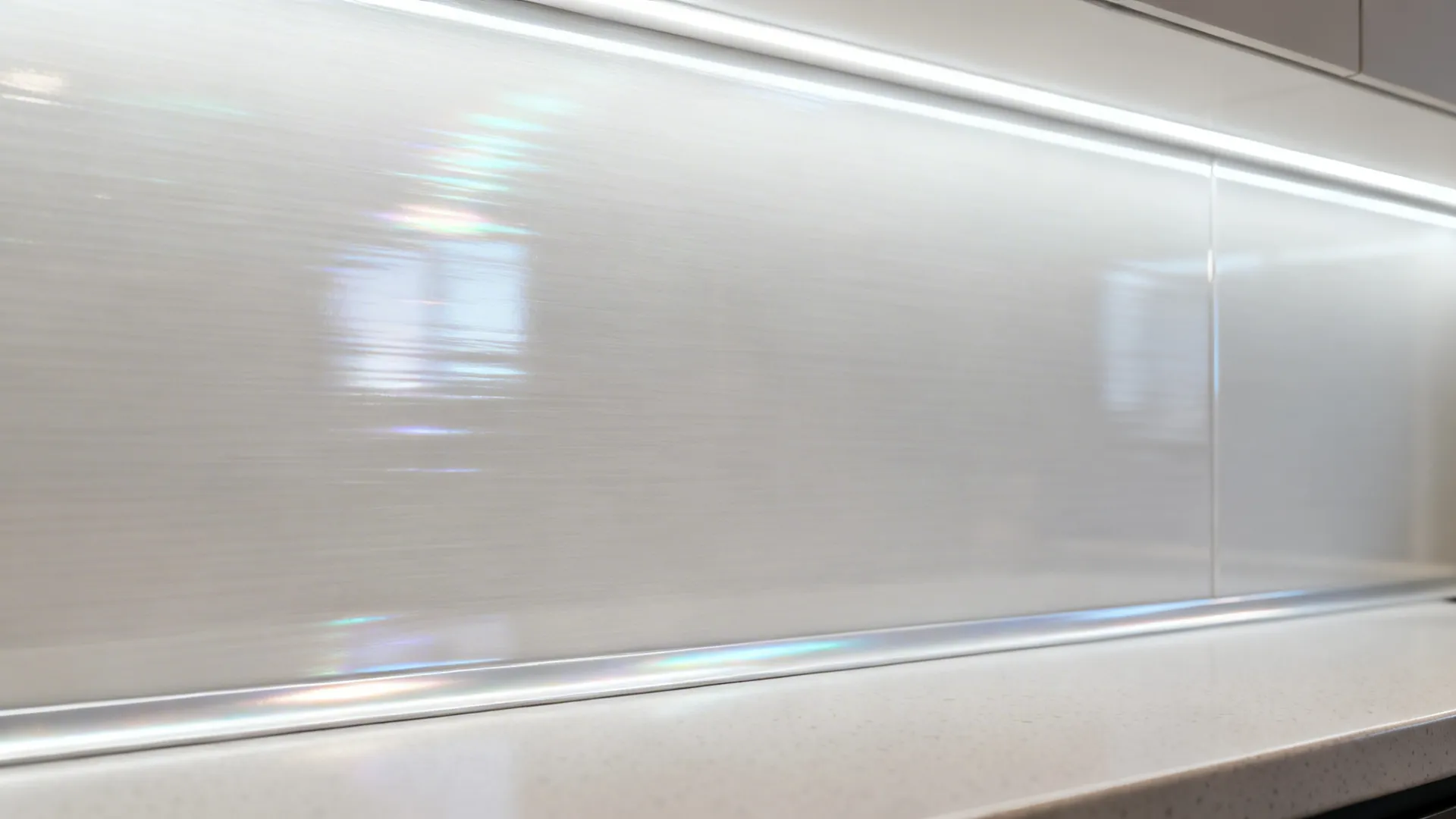 Macro of a pearl-gloss laminate backsplash with clean reflections and precise edge detail.