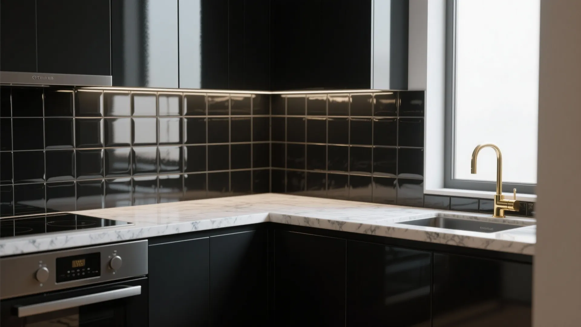 3. Glossy black large-format tiles for a luxe look