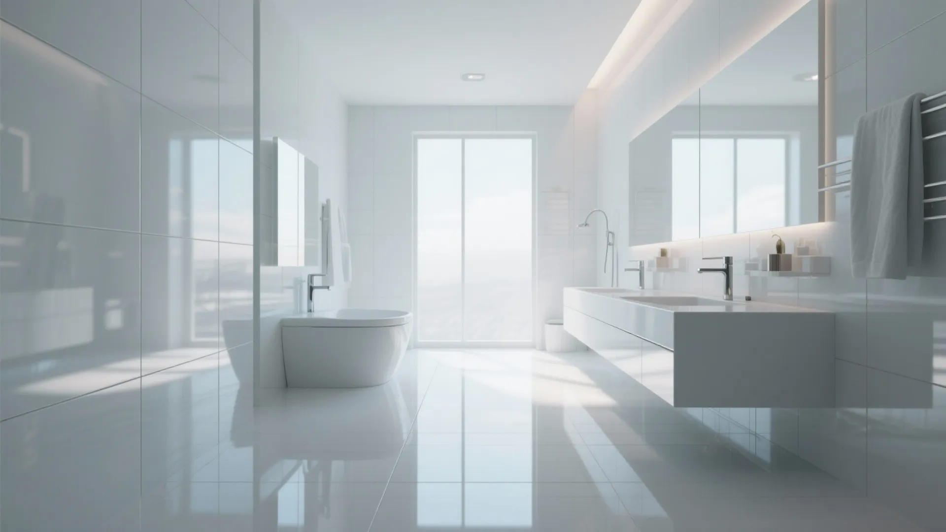 Minimalist all white bathroom with glossy floor tiles double sink vanity large mirror and natural sunlight
