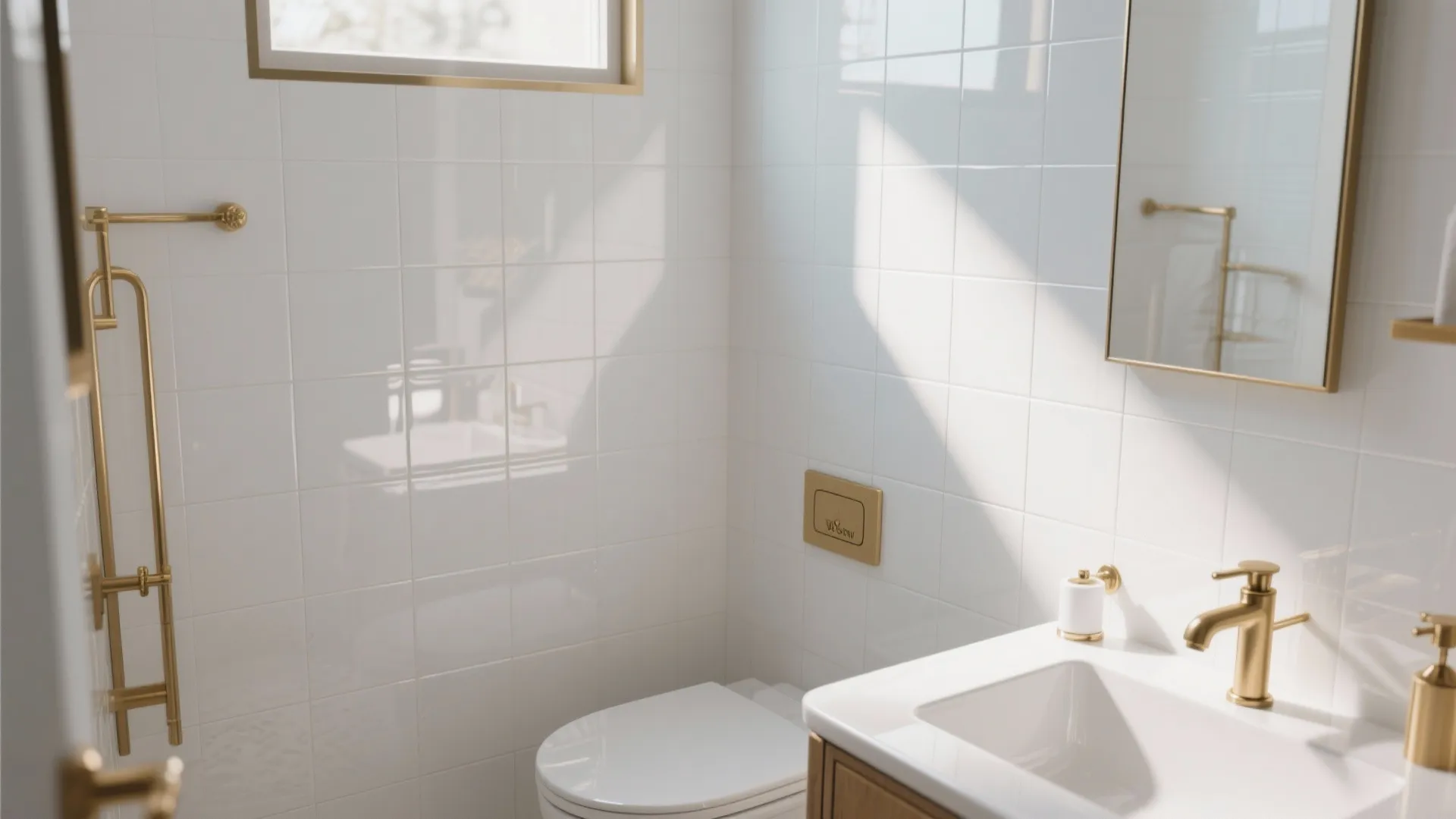 Small white bathroom with square wall tiles featuring gold faucet and gold metal towel rack