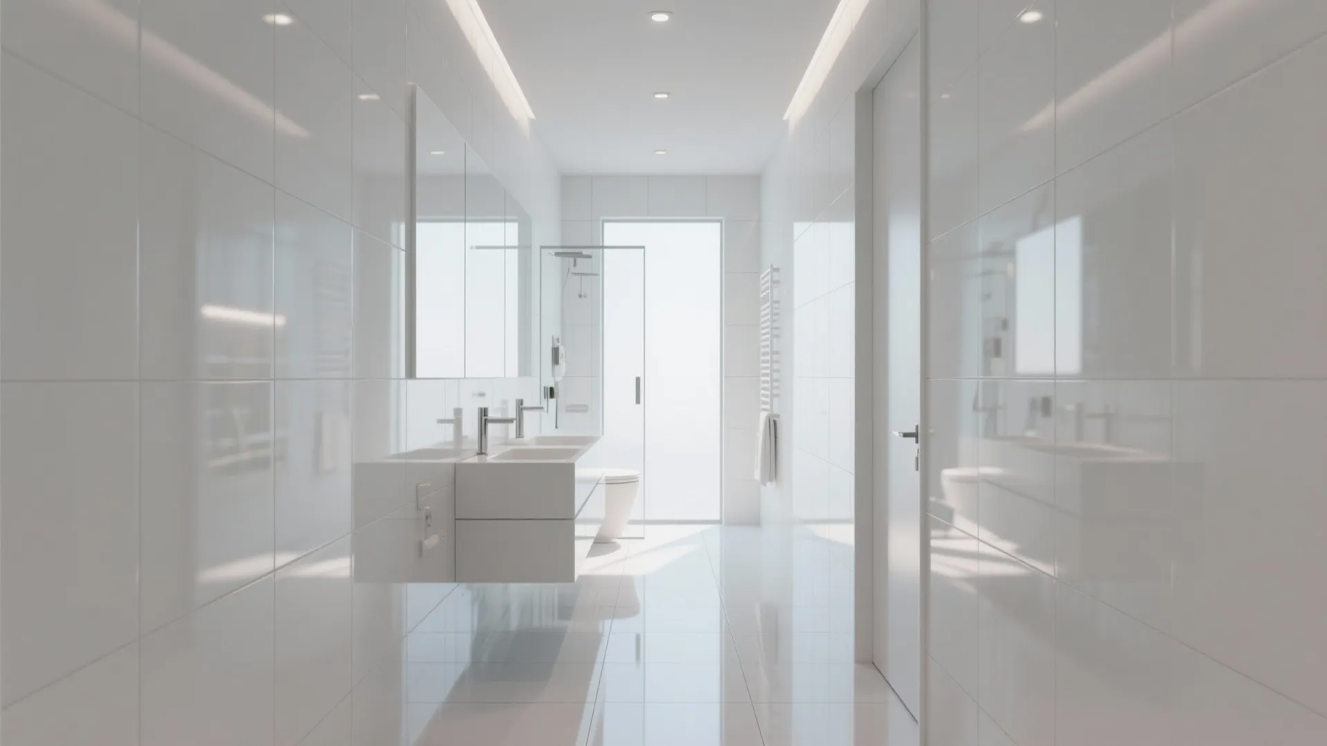 Modern white bathroom with glossy wall tiles double sink cabinet large mirror and bright indoor lighting